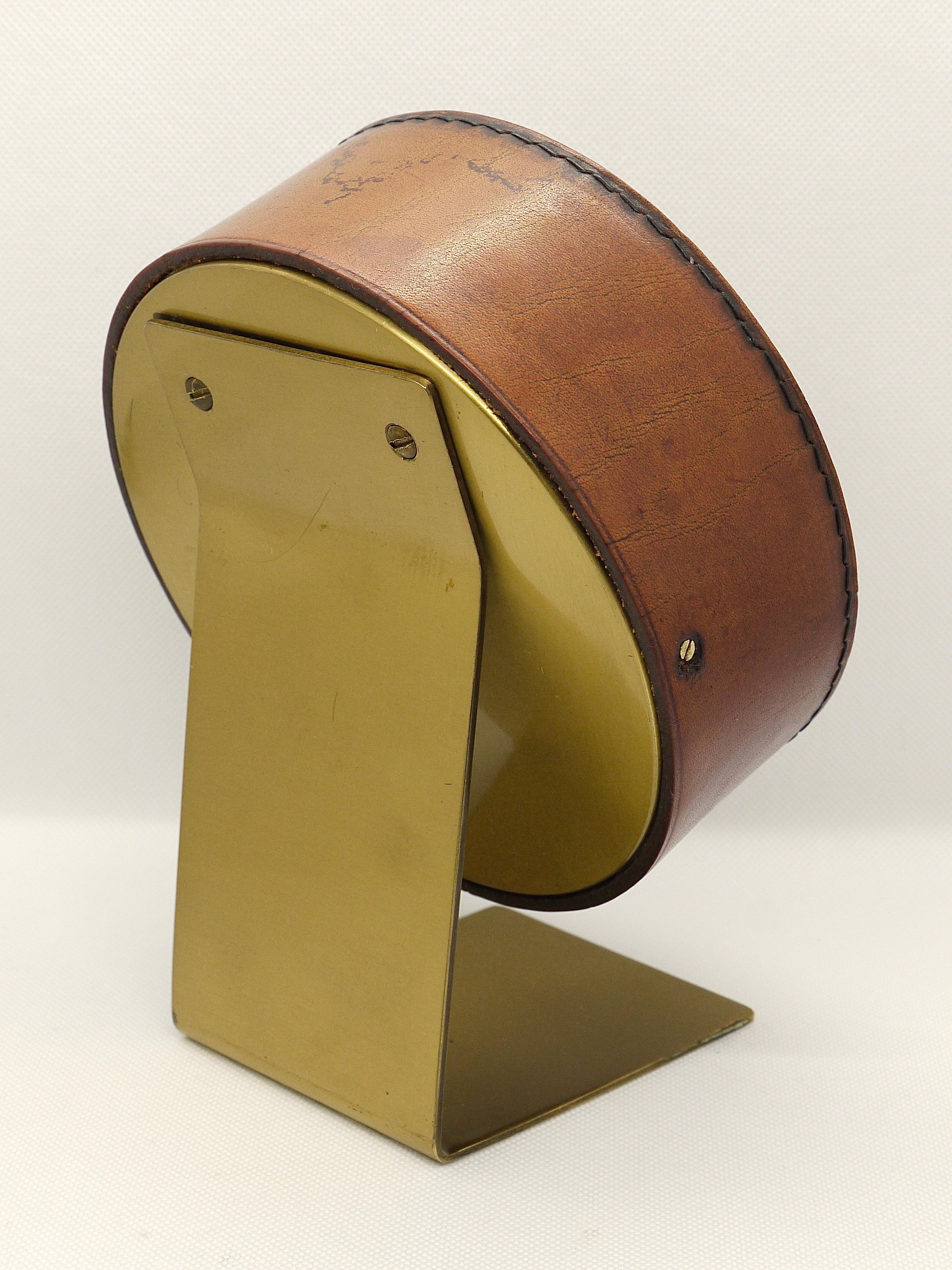 20th Century Carl Auböck Midcentury Leather and Brass Desk Table Clock, Austria, 1950s