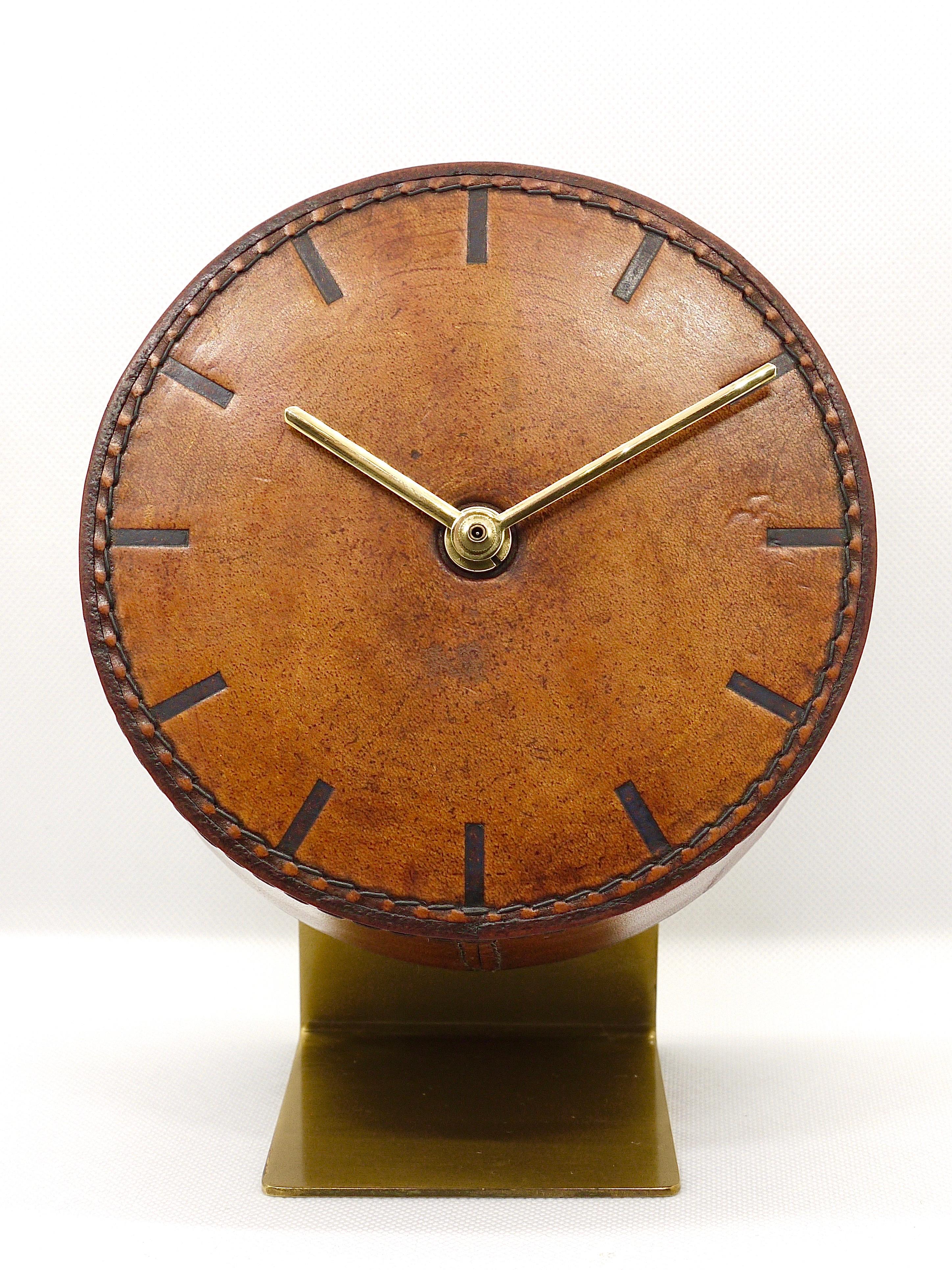 Carl Auböck Midcentury Leather and Brass Desk Table Clock, Austria, 1950s 2