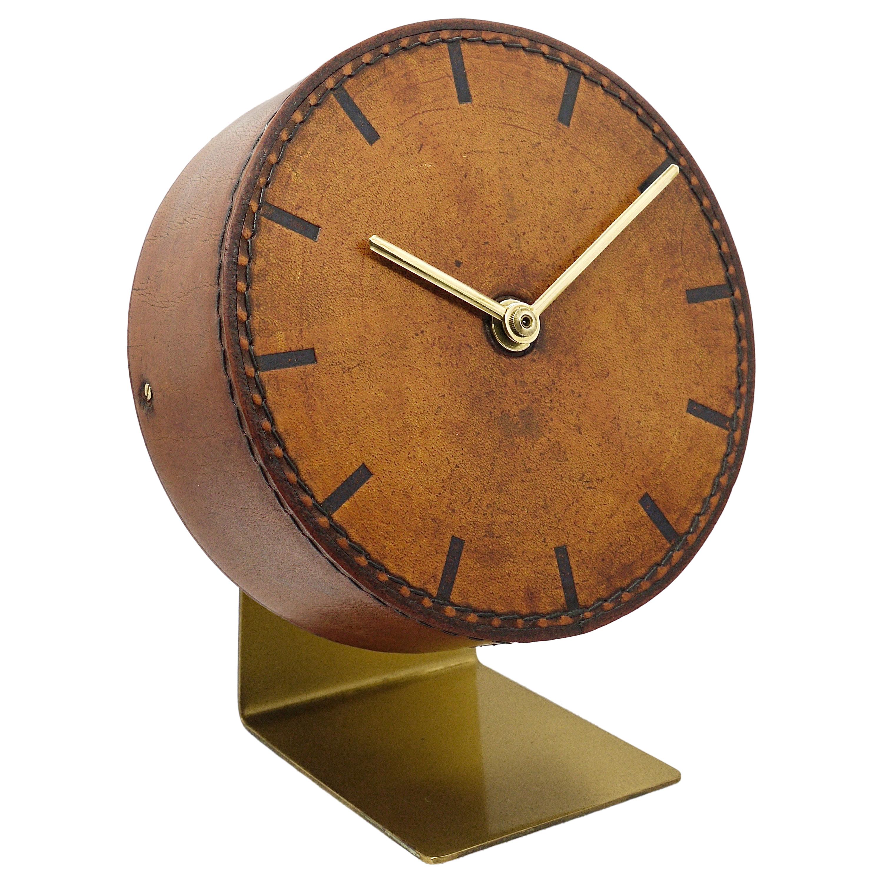 Carl Auböck Midcentury Leather and Brass Desk Table Clock, Austria, 1950s