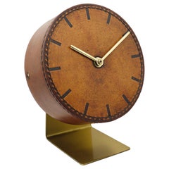 Vintage Carl Auböck Midcentury Leather and Brass Desk Table Clock, Austria, 1950s