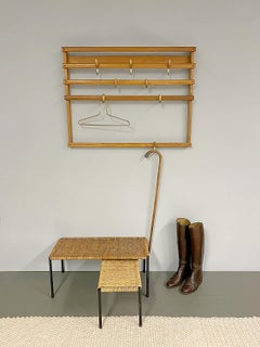 Carl Auböck Midcentury Oak Wall Coat Rack with Eight Brass Hooks, 1950s, Austria