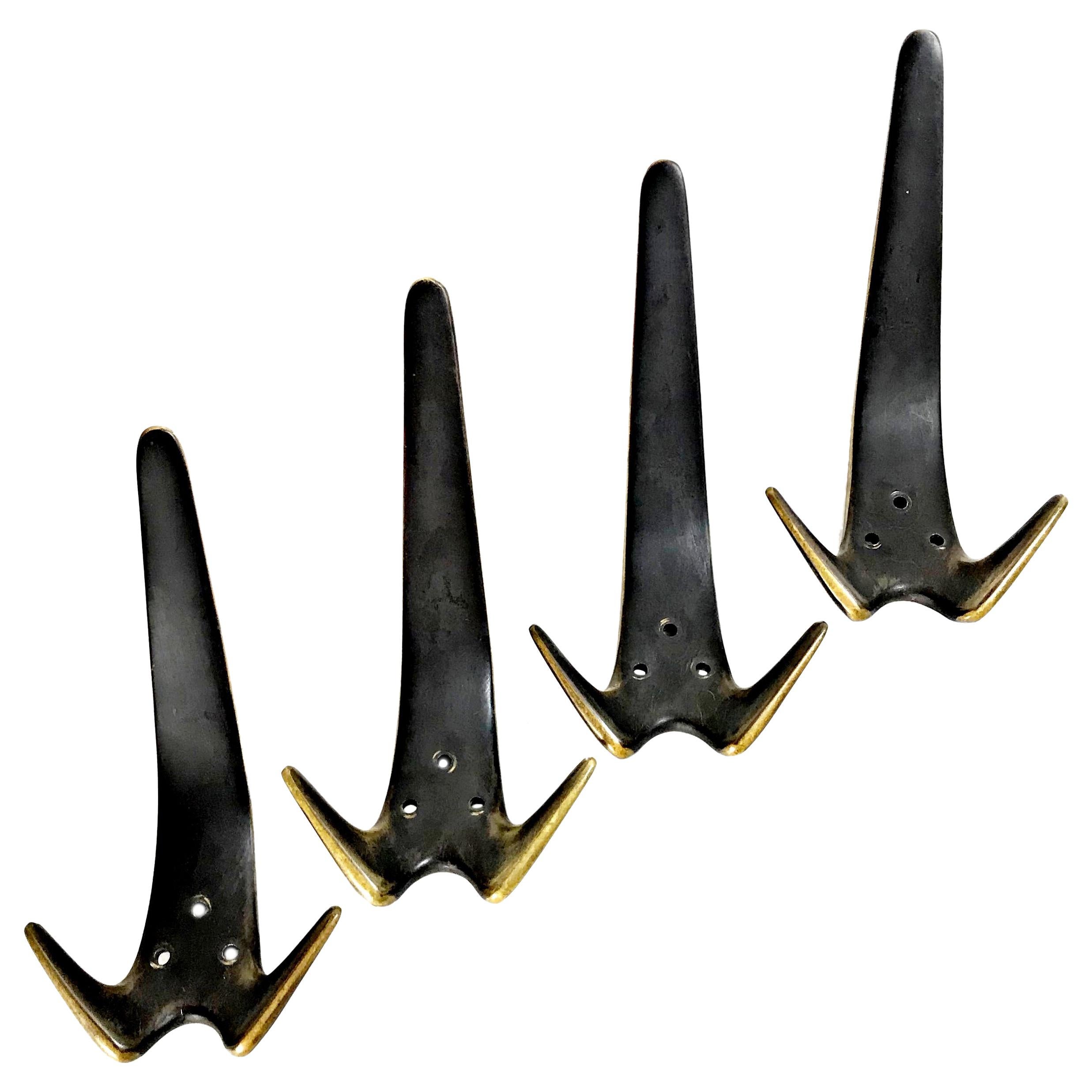 Carl Auböck Midcentury Patinated Brass Wall Coat Hooks, 1950s, Austria