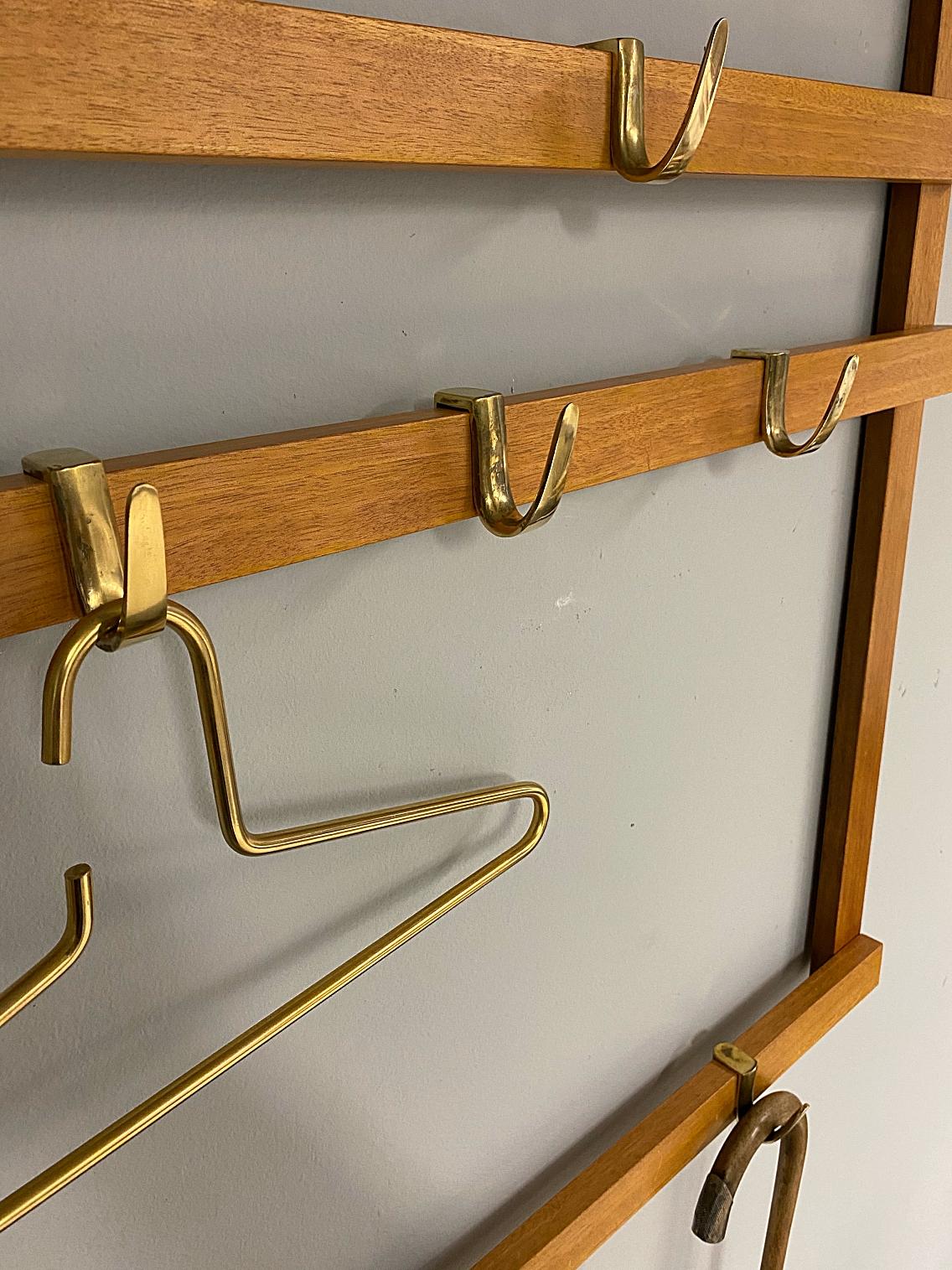 Polished Carl Auböck Midcentury Wall Coat Rack with Six Brass Hooks, 1950s, Austria For Sale