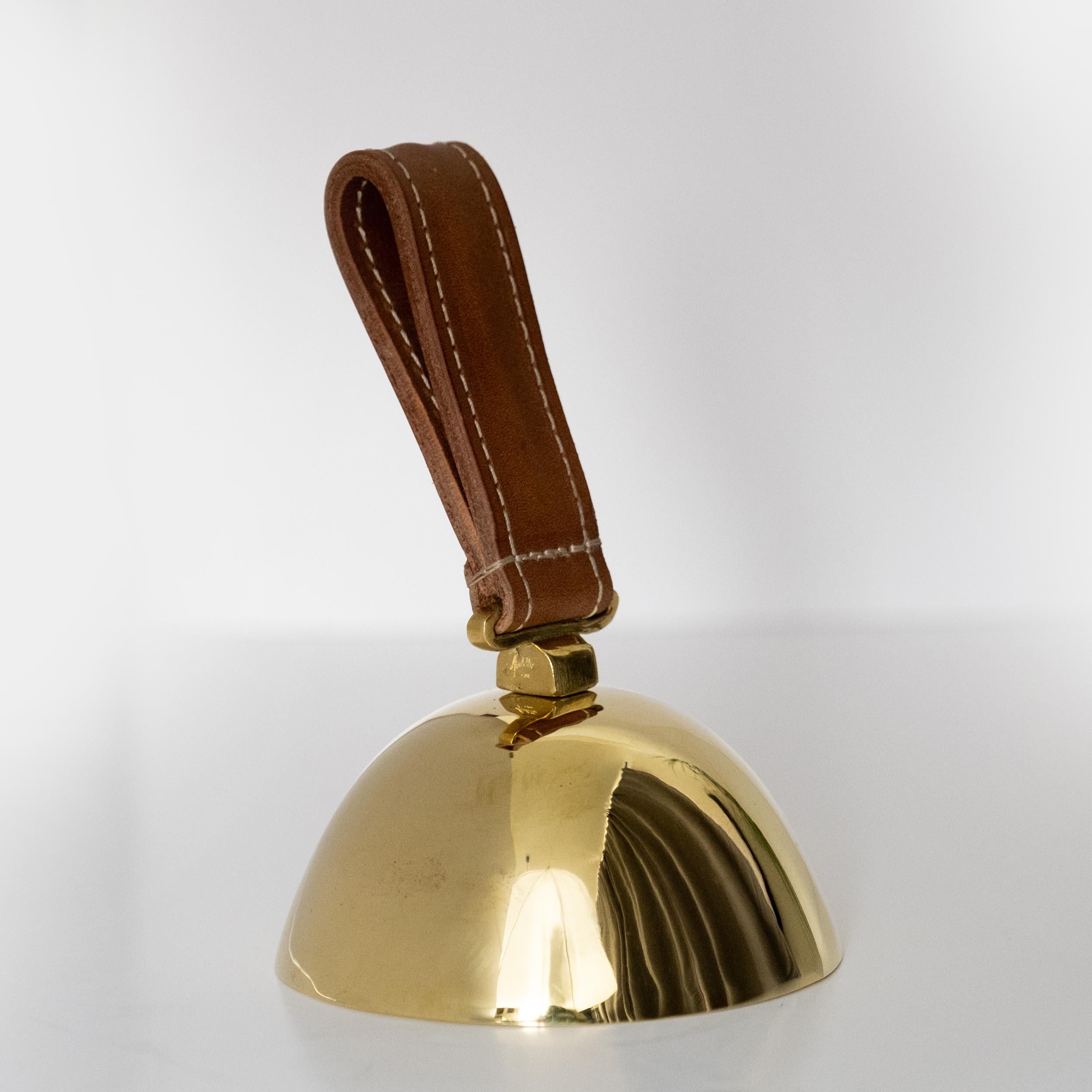 Austrian Carl Auböck Model #3310-4 'Flat' Brass and Leather Table Bell For Sale