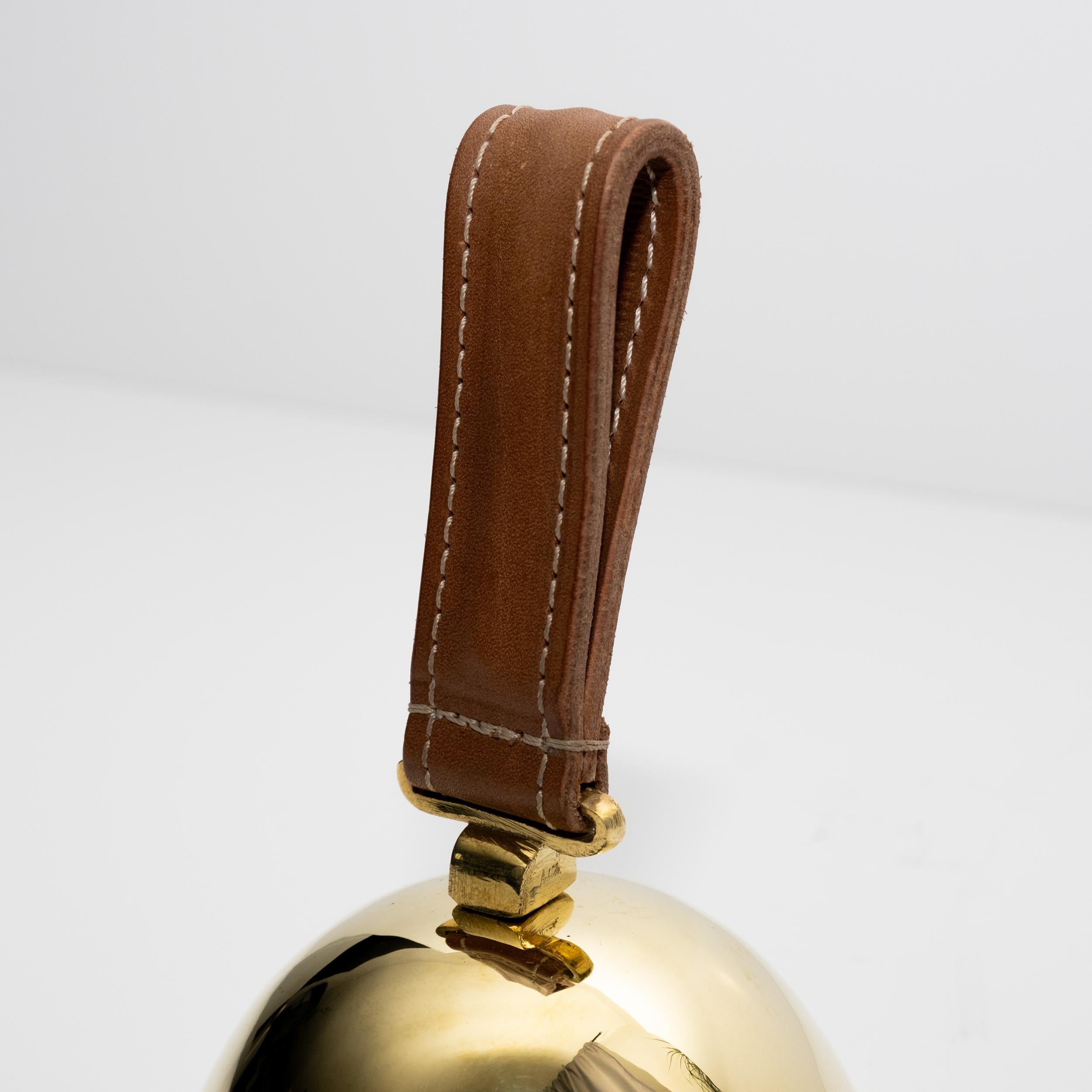 Polished Carl Auböck Model #3310-4 'Flat' Brass and Leather Table Bell For Sale