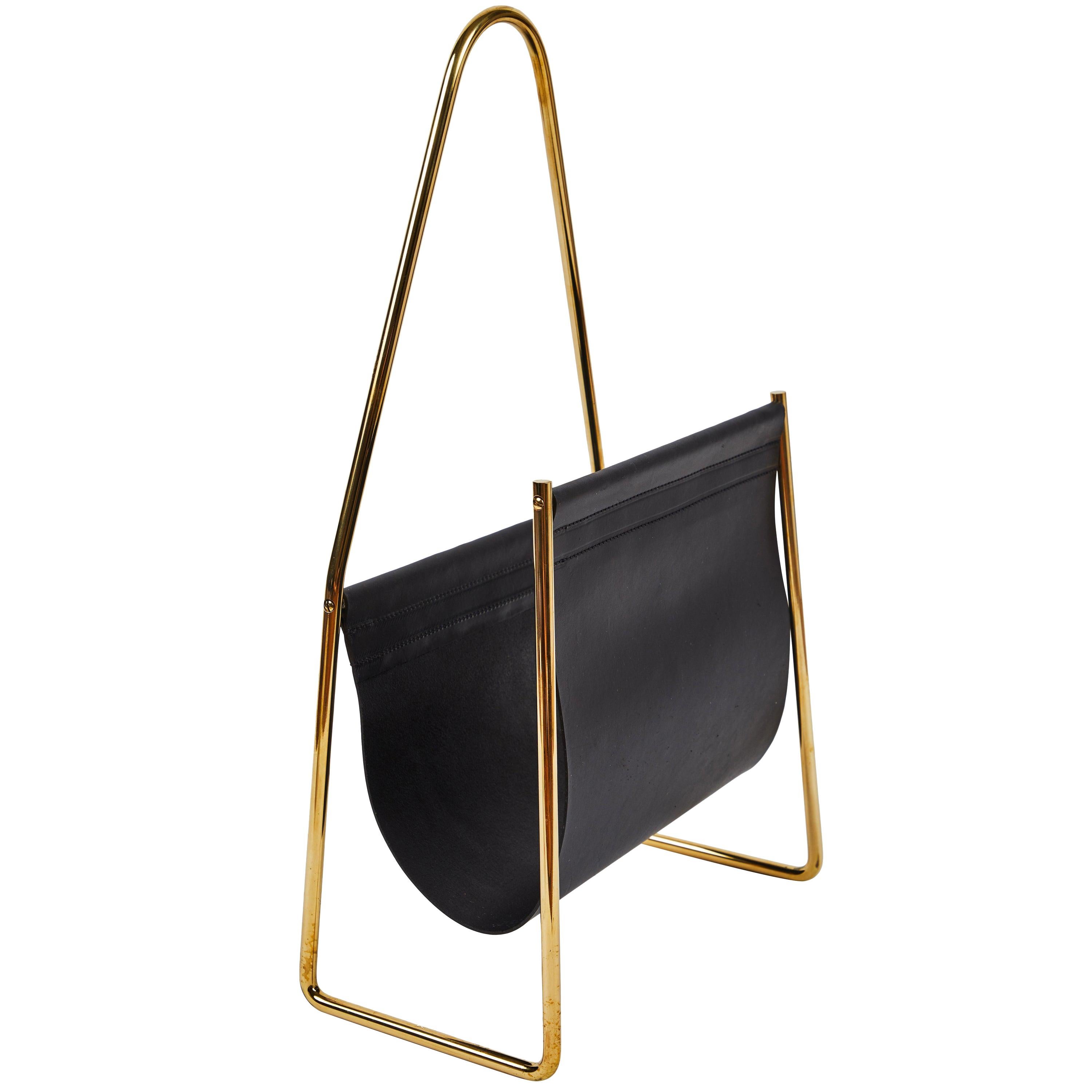 Carl Auböck Model #3808 Black Leather and Brass Magazine Rack