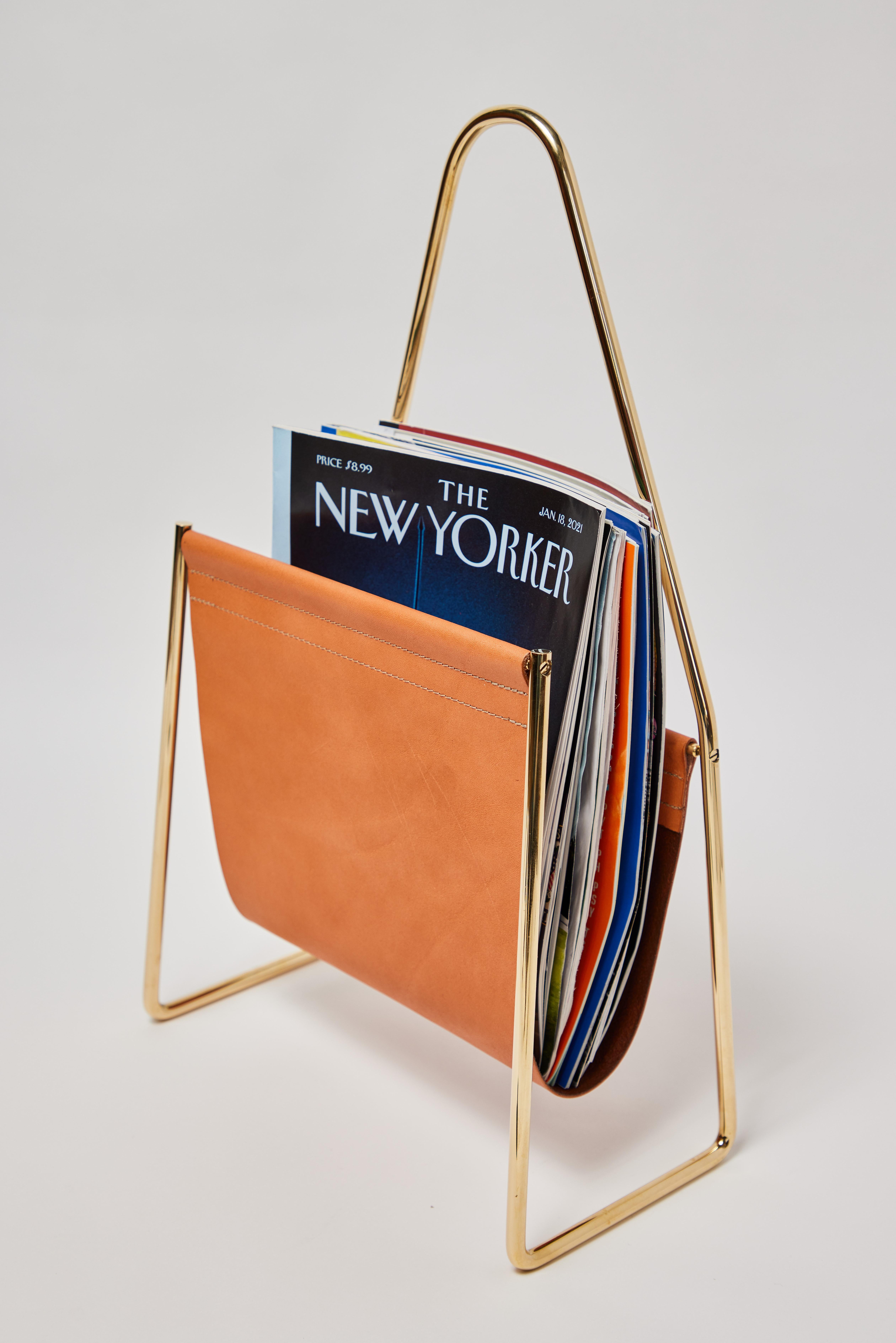 Mid-Century Modern Carl Auböck Model #3808 Brown Leather and Brass Magazine Rack For Sale