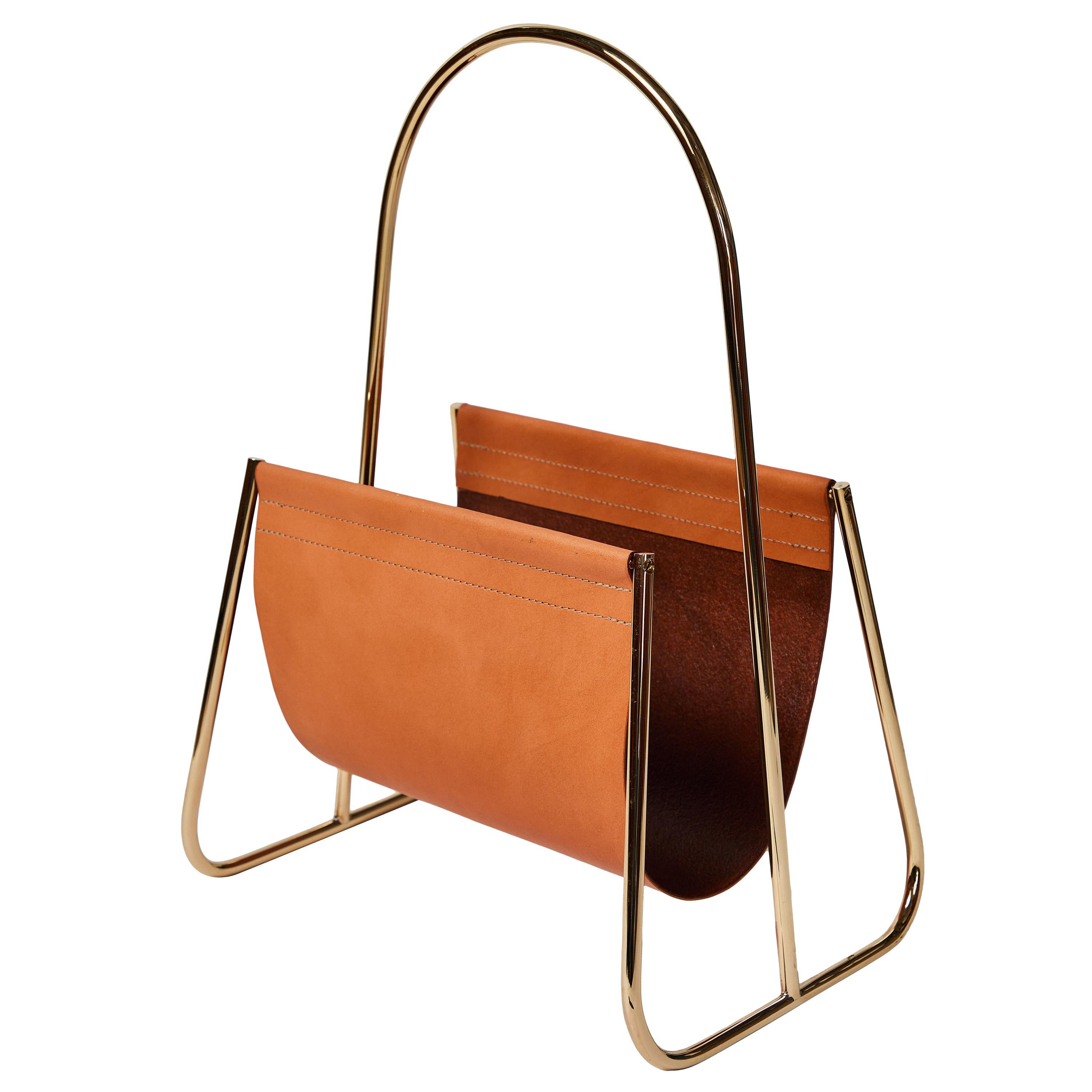 Carl Auböck Model #4488 Cognac Leather and Brass Magazine Rack