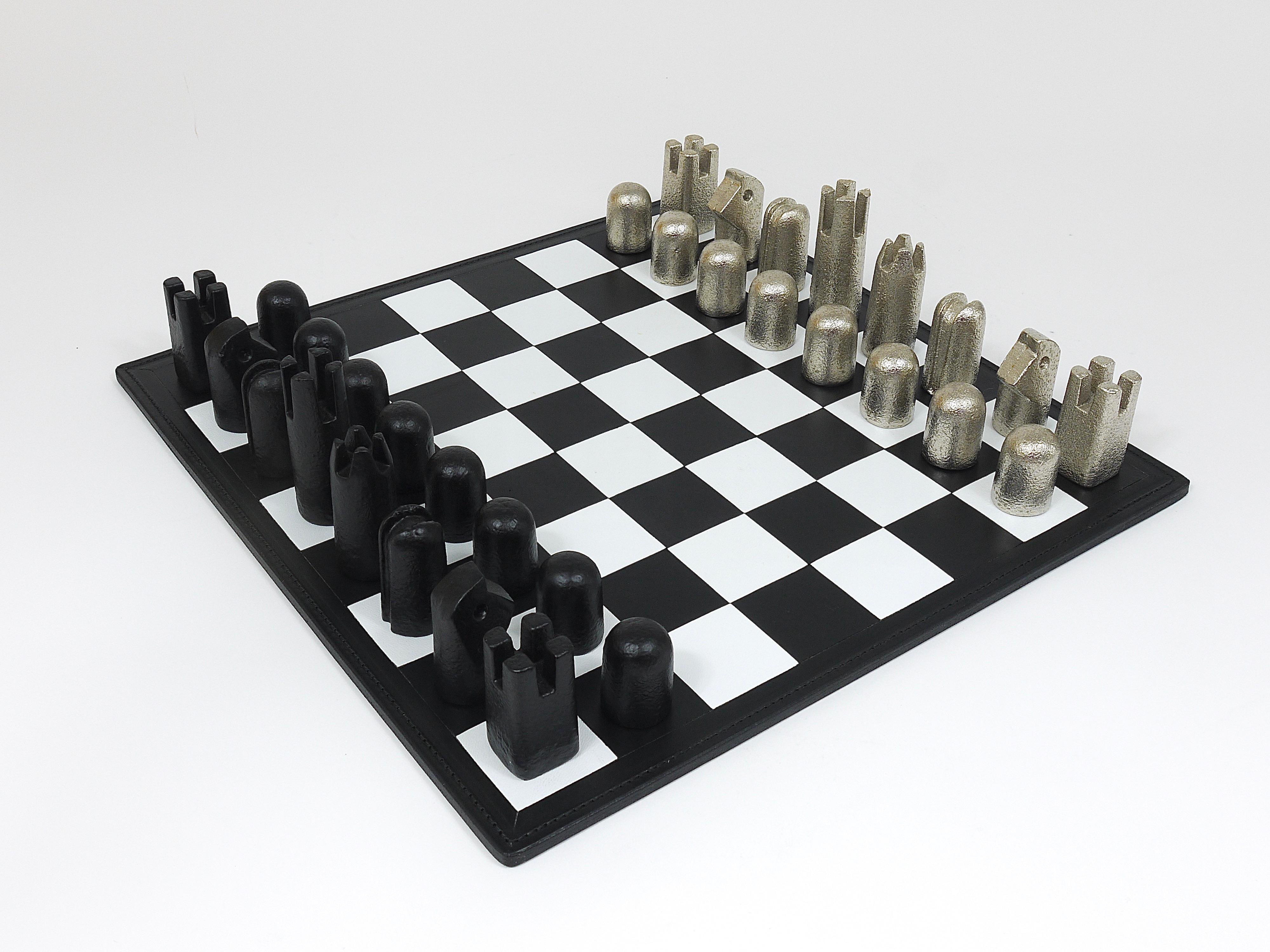 Mid-Century Modern Carl Aubock Modernist Cast Iron Chess Game Set with Handmade Leather Board For Sale