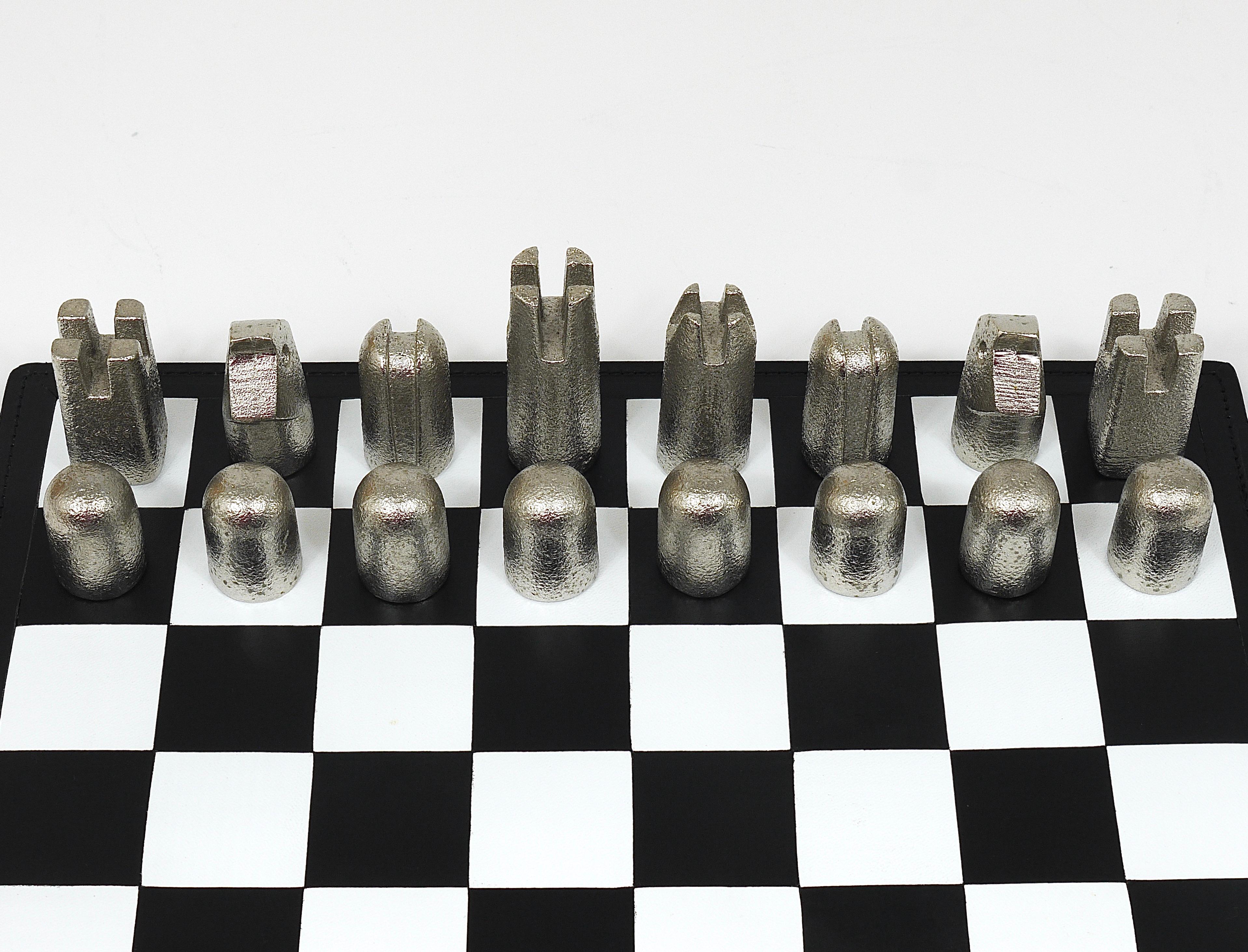 Austrian Carl Aubock Modernist Cast Iron Chess Game Set with Handmade Leather Board For Sale