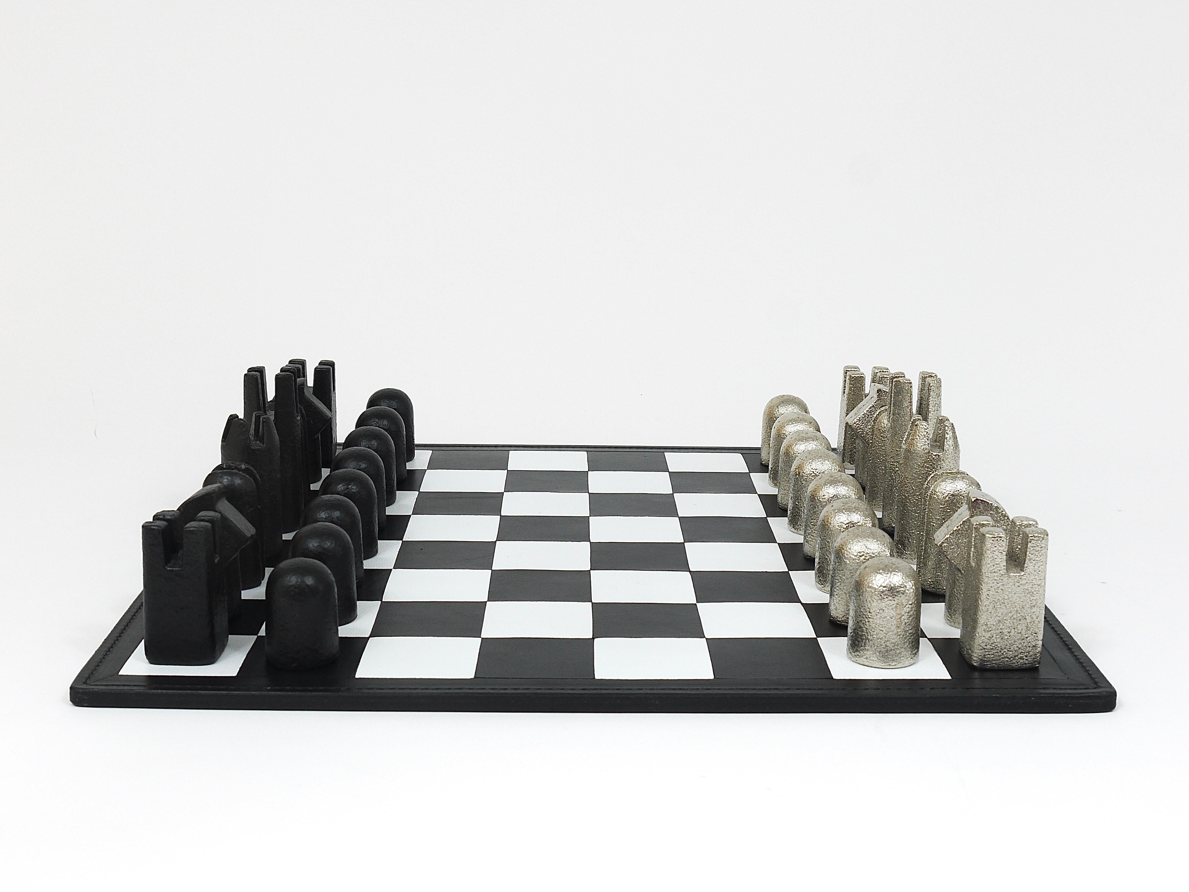 Contemporary Carl Aubock Modernist Cast Iron Chess Game Set with Handmade Leather Board For Sale