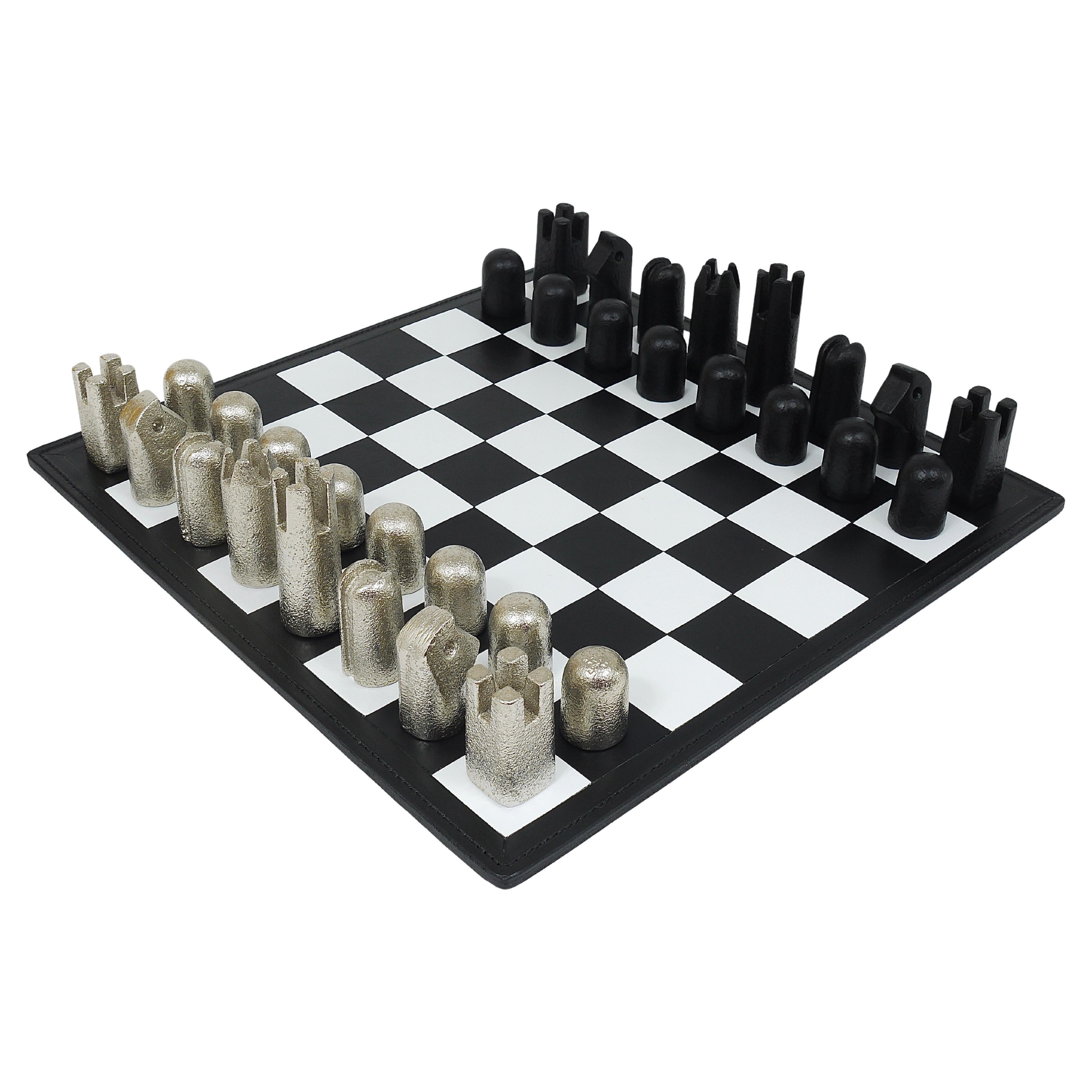 Carl Aubock Modernist Cast Iron Chess Game Set with Handmade Leather Board