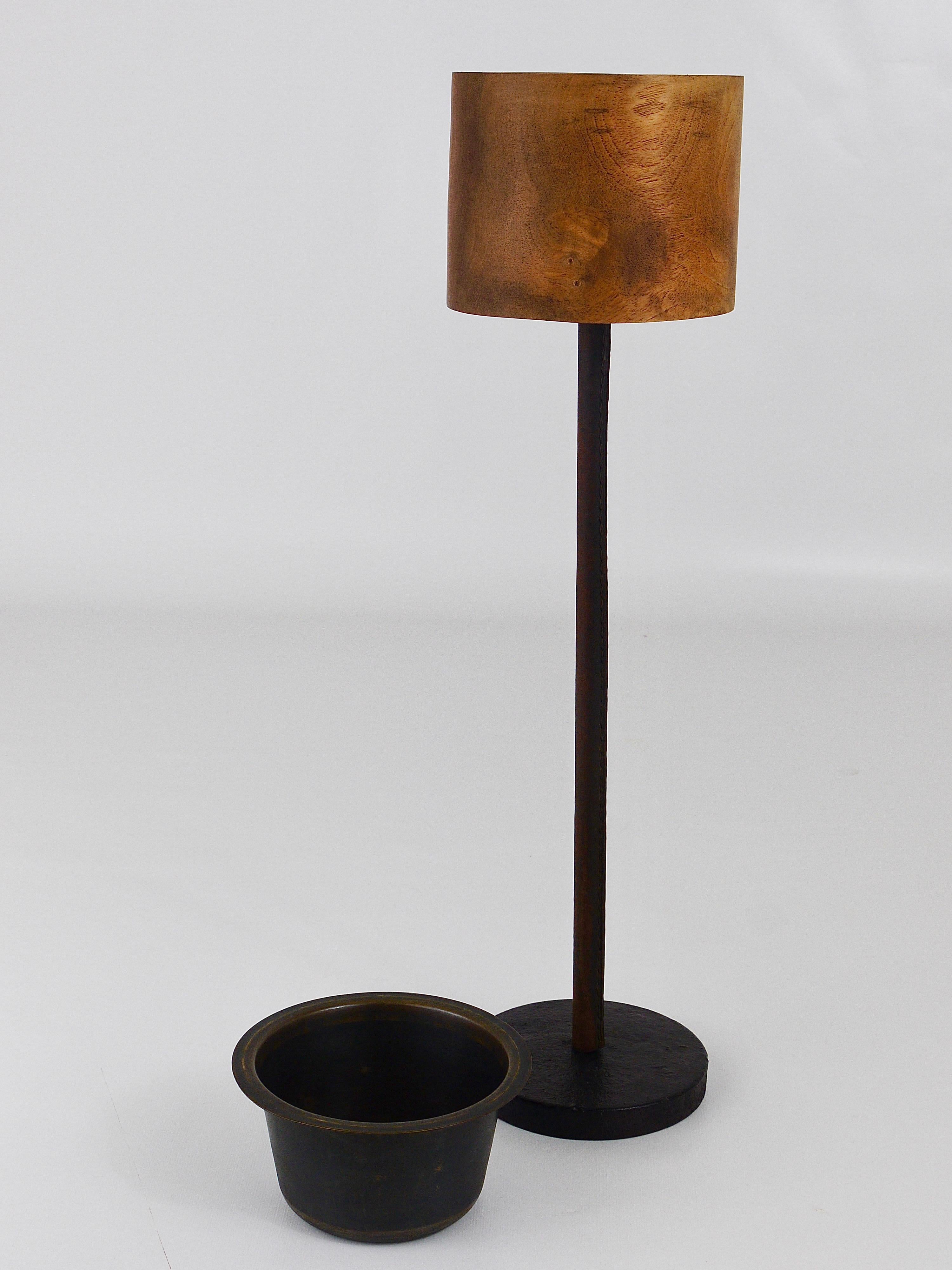 Carl Aubock Modernist Walnut Leather Candlestick Candle Holder, Austria, 1950s For Sale 2