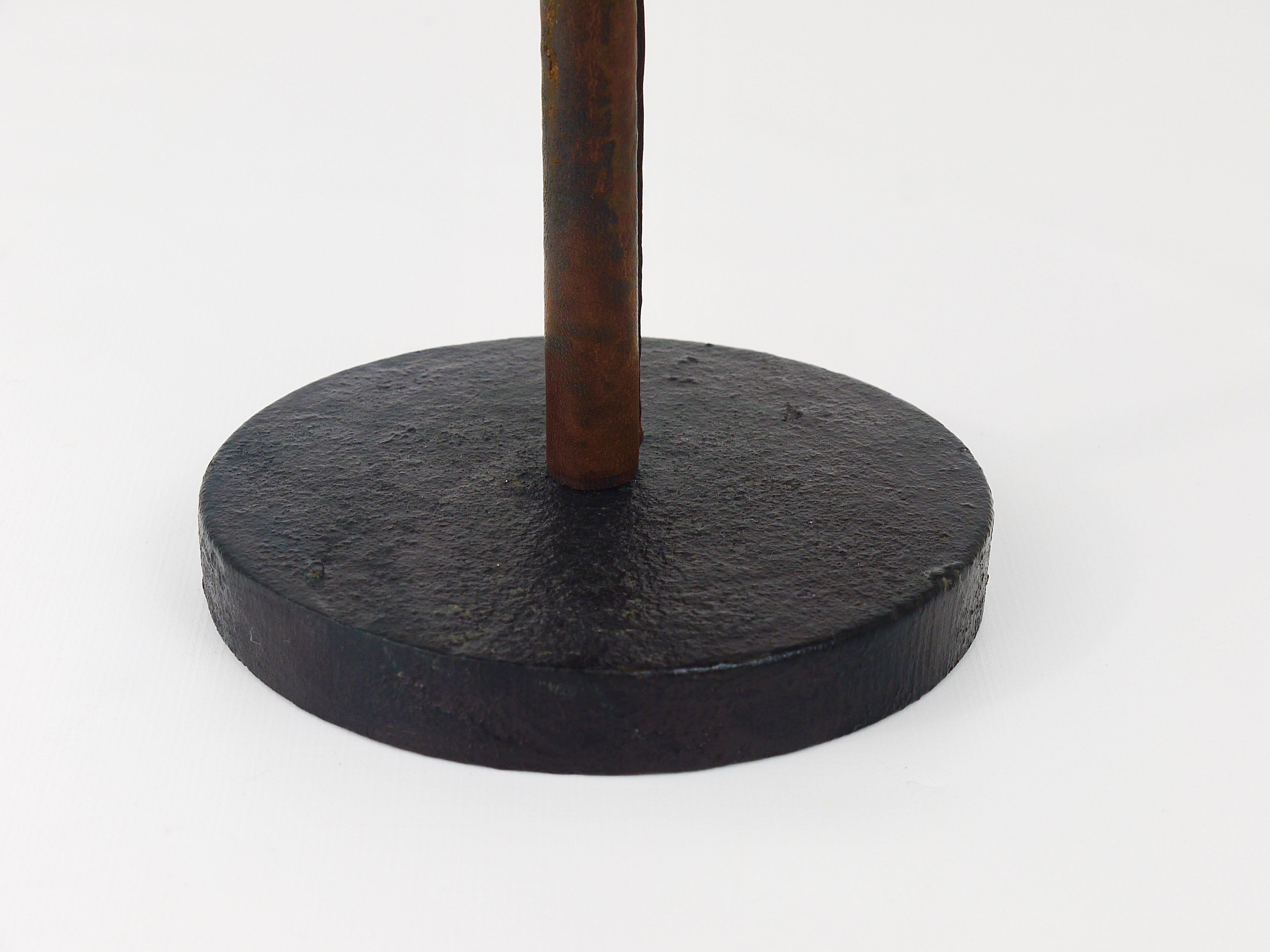 Metal Carl Aubock Modernist Walnut Leather Candlestick Candle Holder, Austria, 1950s For Sale
