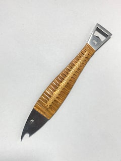 Carl Auböck Neptune Fish Bottle Opener Amboss Austria Woven Cane Steel, 1950s