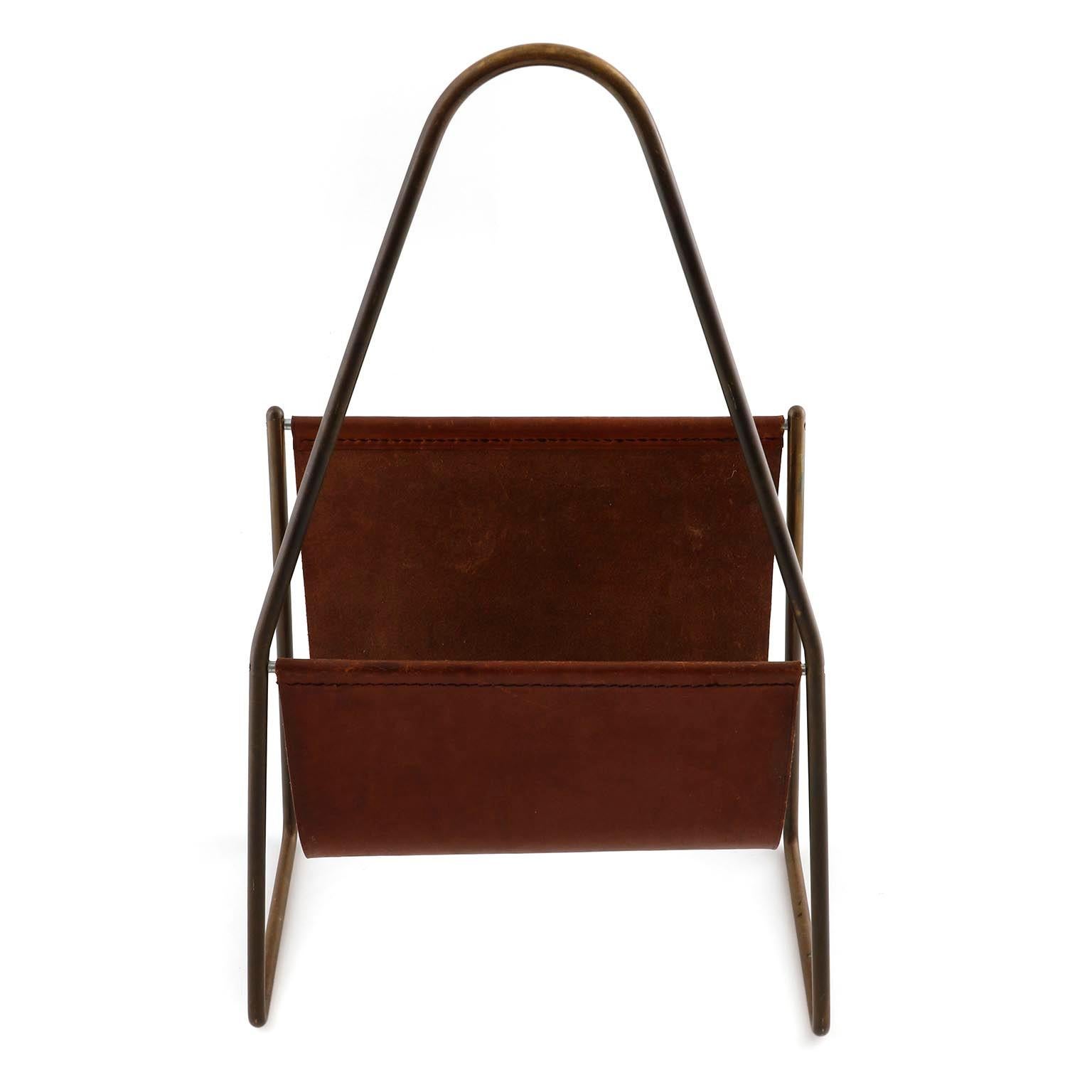 Austrian Carl Auböck Newspaper Magazine Rack Stand Tray, Patinated Brass Leather, 1950s