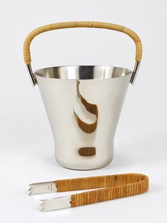 Carl Auböck Nickel-Plated Ice Bucket and Tongs, Brass & Wicker, Austria, 1950s