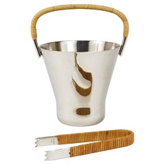 Carl Auböck Nickel-Plated Ice Bucket and Tongs, Brass & Wicker, Austria, 1950s