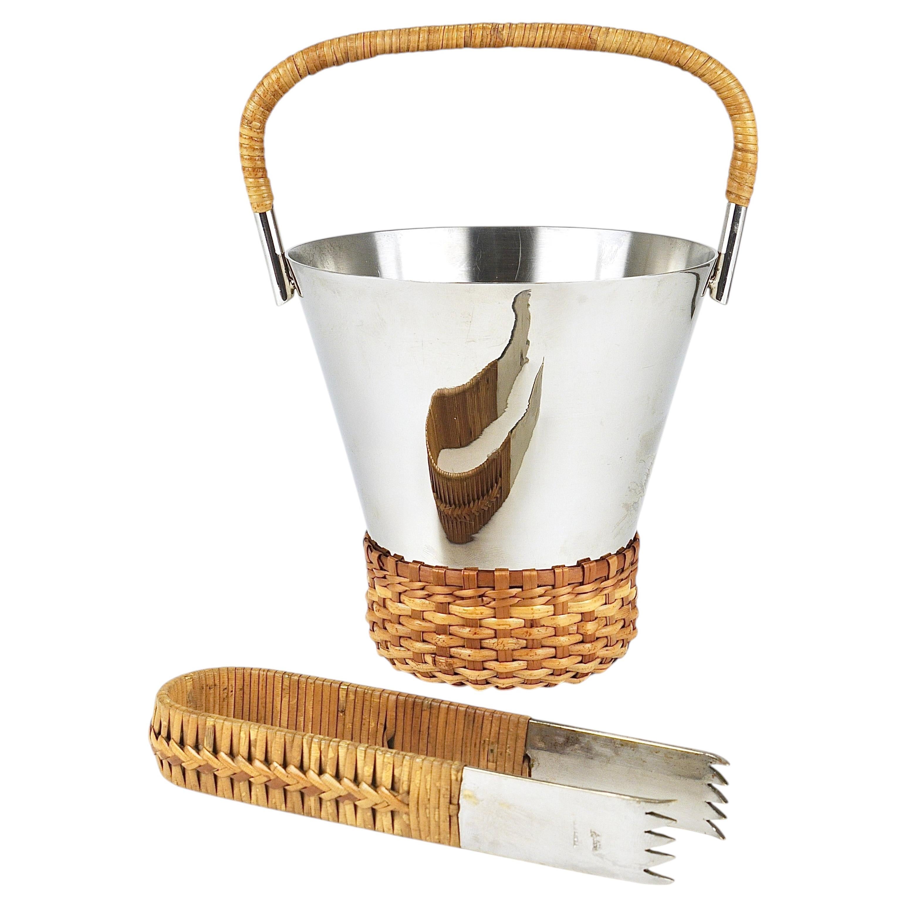 Carl Auböck Nickel-Plated Ice Bucket and Tongs, Stamped, Brass, Austria, 1950s