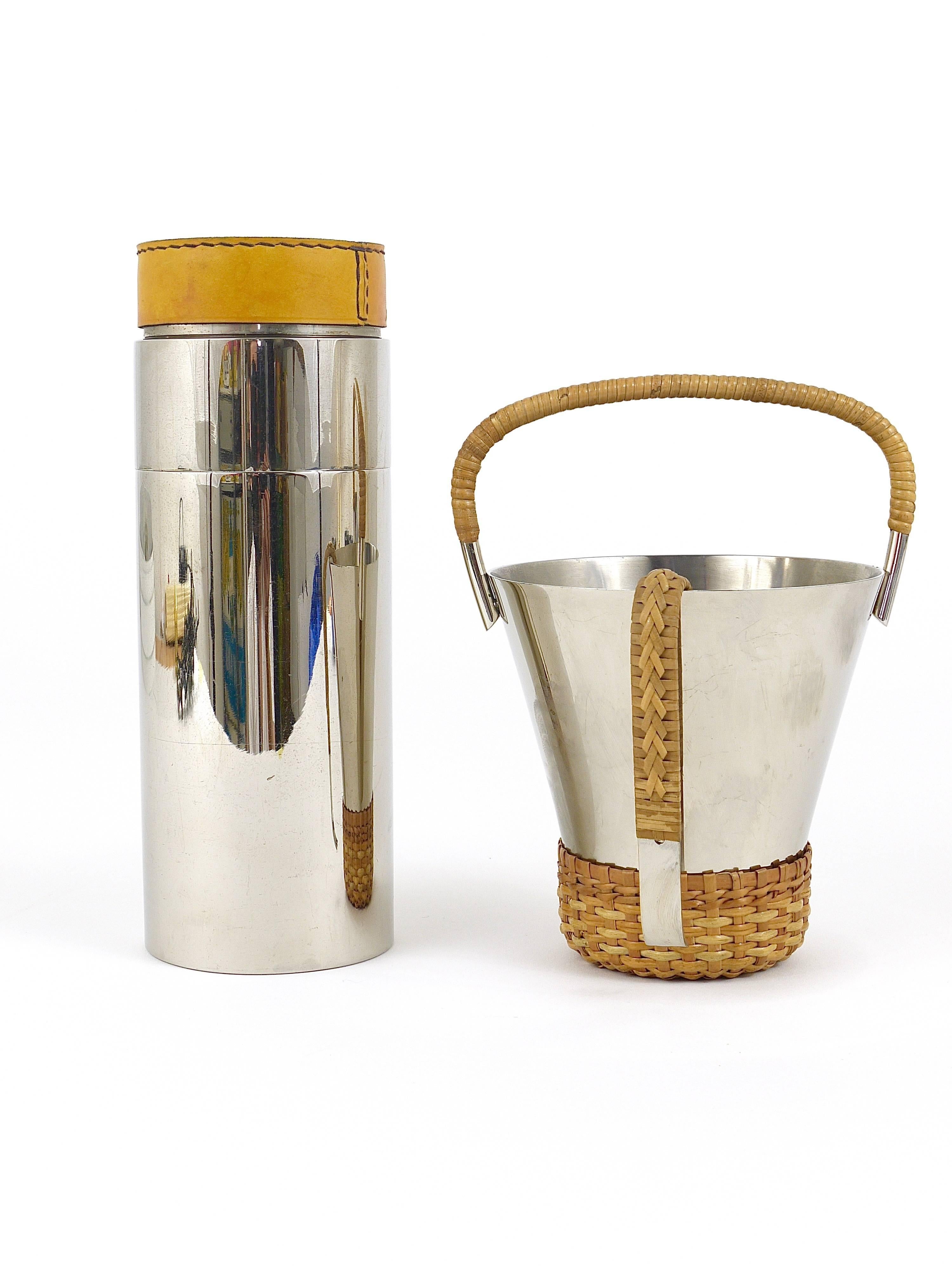 Mid-Century Modern Carl Auböck Nickel-Plated Ice Bucket and Tongs, Brass, Austria, 1950s