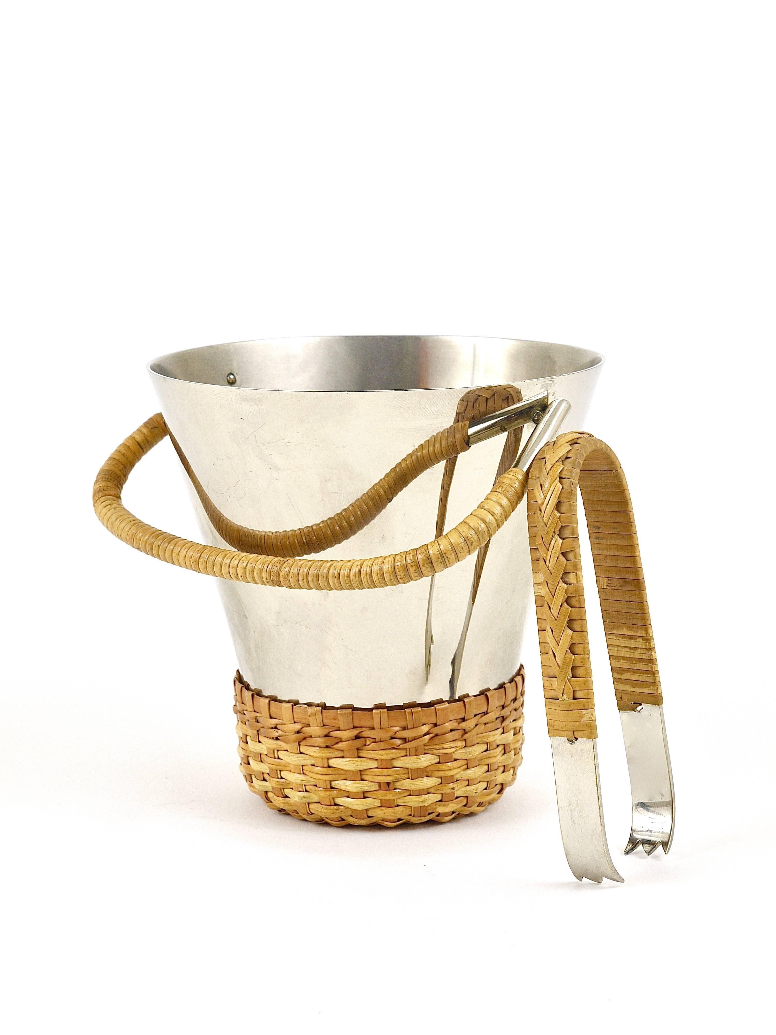 Austrian Carl Auböck Nickel-Plated Ice Bucket and Tongs, Brass, Austria, 1950s