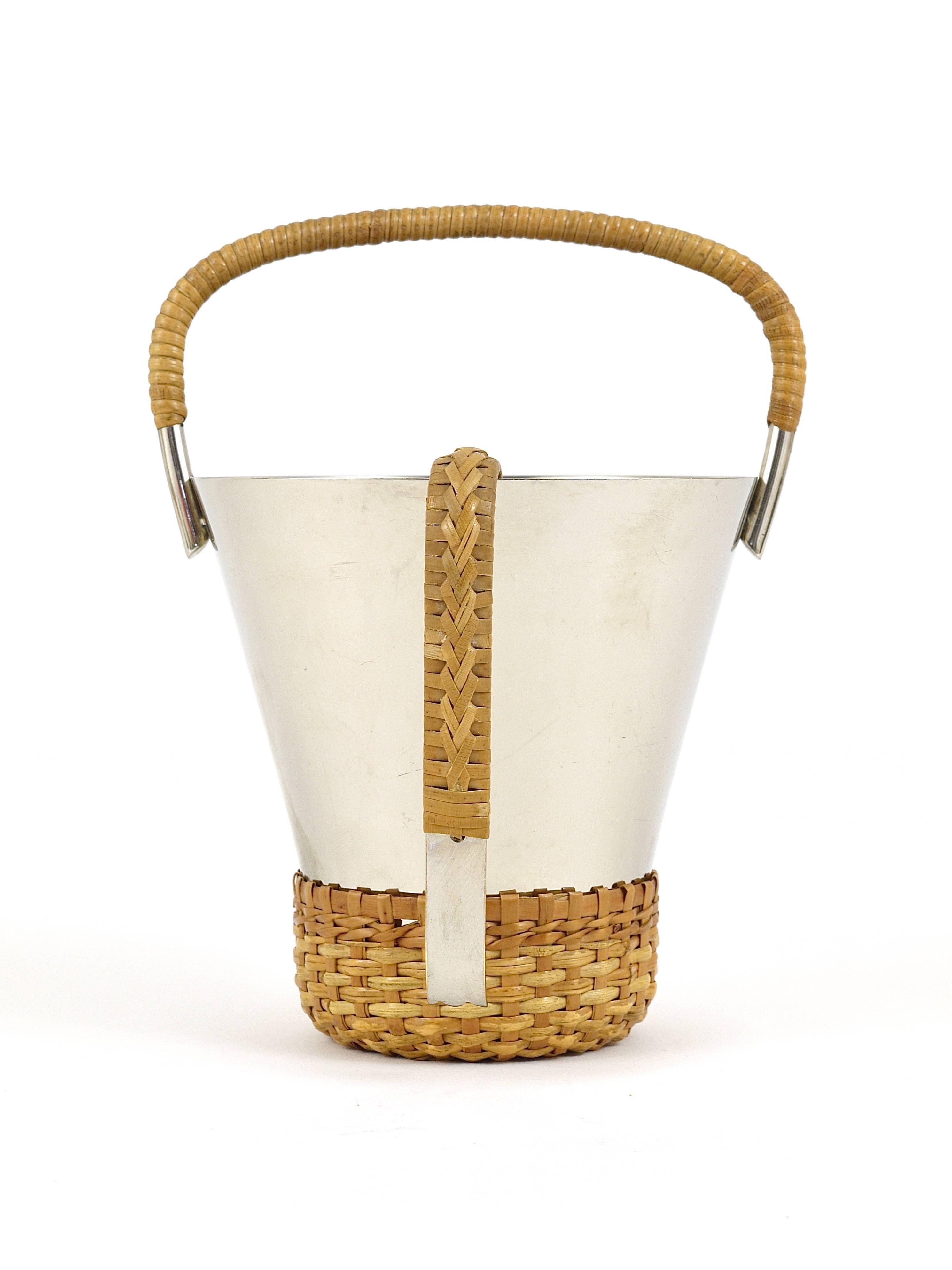 20th Century Carl Auböck Nickel-Plated Ice Bucket and Tongs, Brass, Austria, 1950s