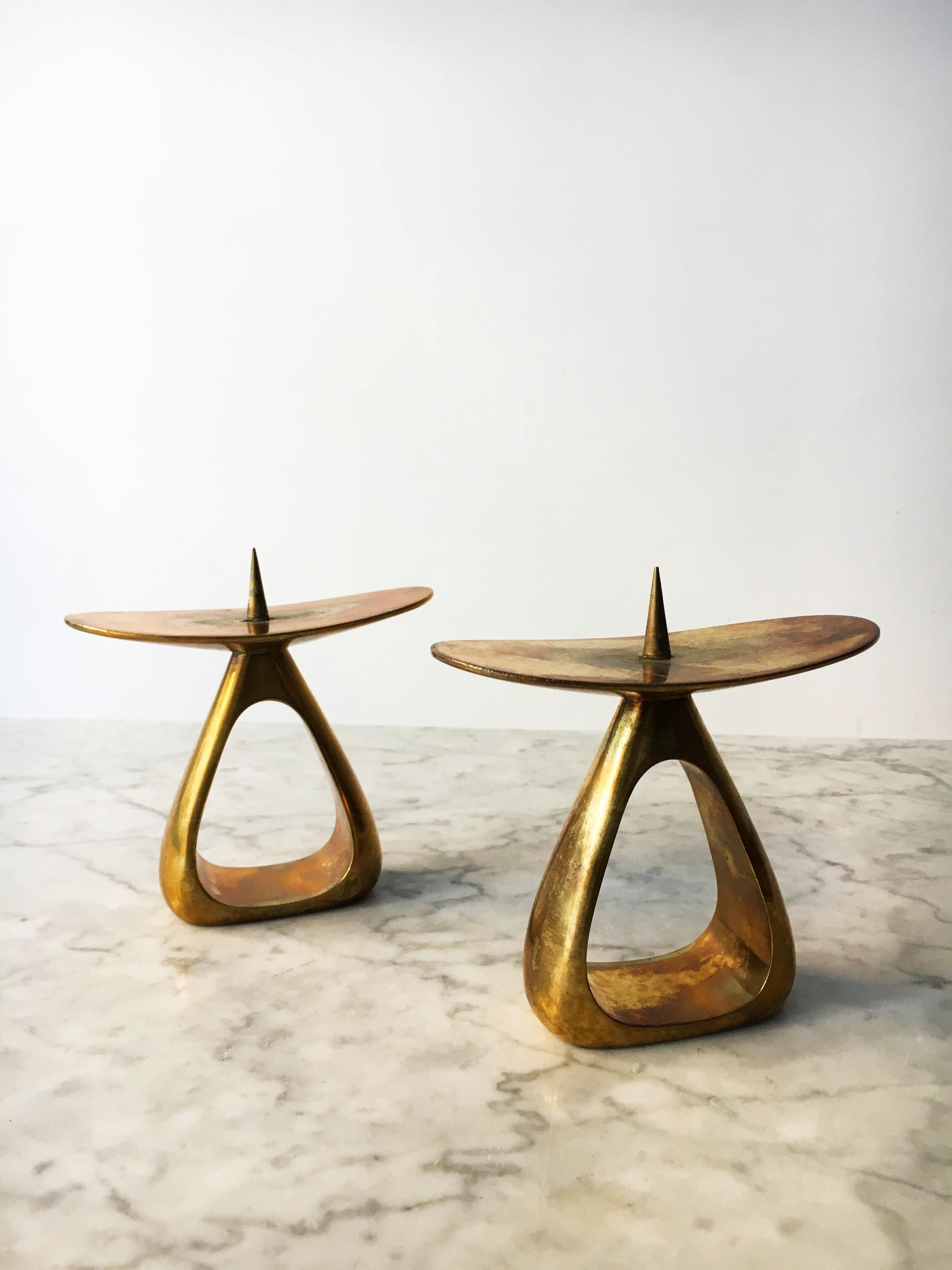 Carl Auböck II Vintage Pair of Brass Candlesticks Model '3600', Austria 1950s. Impressive pair of solid brass sculpted candle holders. Signed: Auböck. Priced and sold as a pair. 