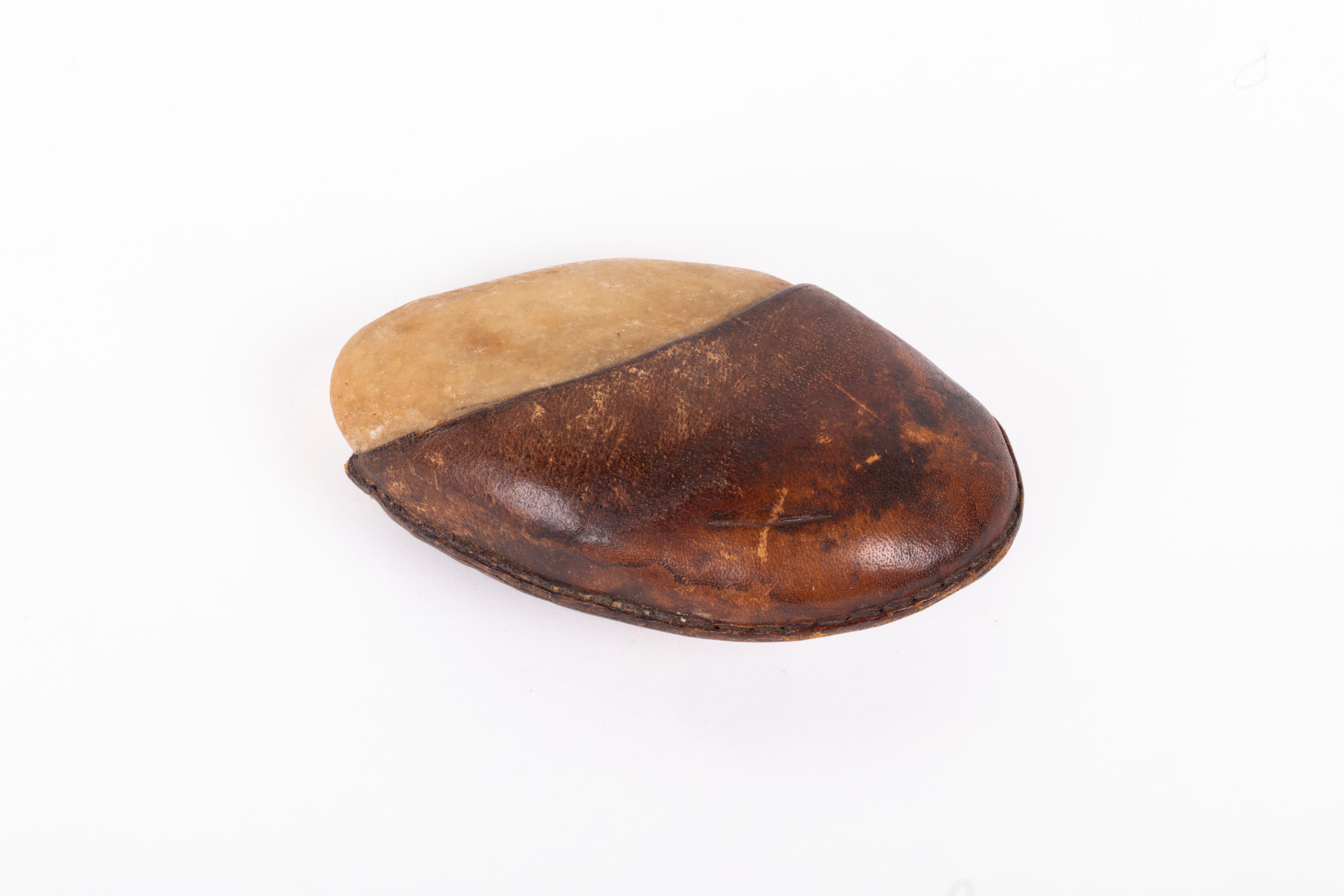 Mid-Century Modern Carl Auböck Paperweight in Leather and Stone, Austria, 1960s For Sale