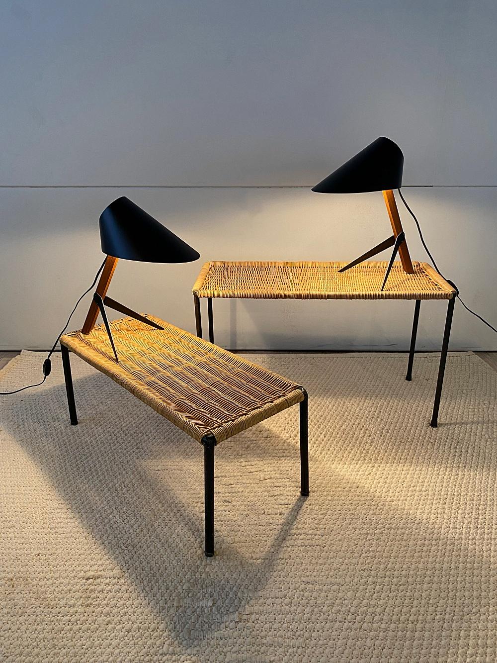 Beautiful and authentic rattan top coffee or side tables, manufactured by Carl Auböck Werkstätte in the 1950s, Vienna. The frames are made of black lacquered steel with woven rattan top. The tables can be used indoor and