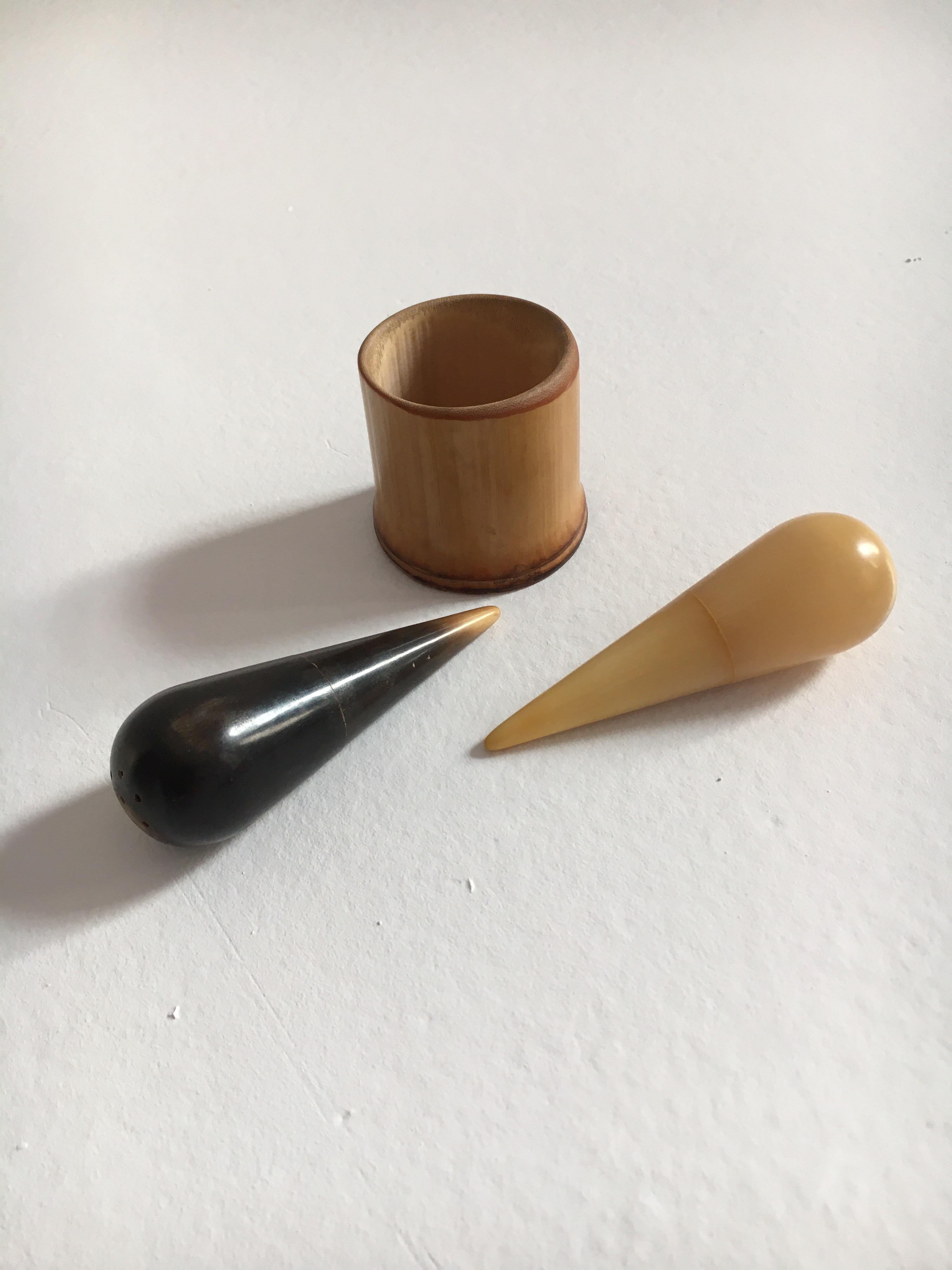 Horn Carl Auböck II. Rare Salt and Pepper Shaker in Bamboo Cup, Austria, 1950s For Sale