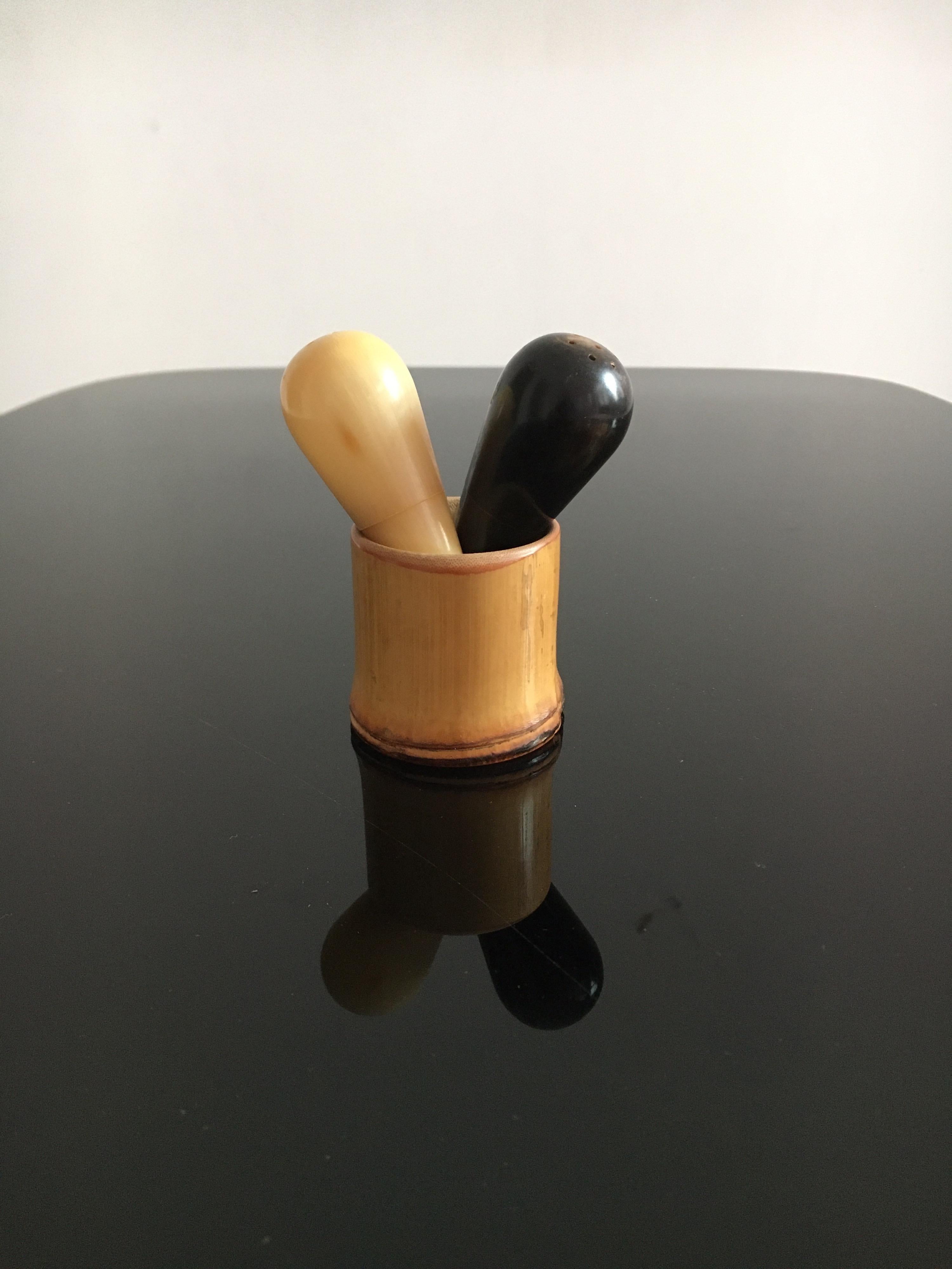 Carl Auböck II. Rare Salt and Pepper Shaker in Bamboo Cup, Austria, 1950s For Sale 2