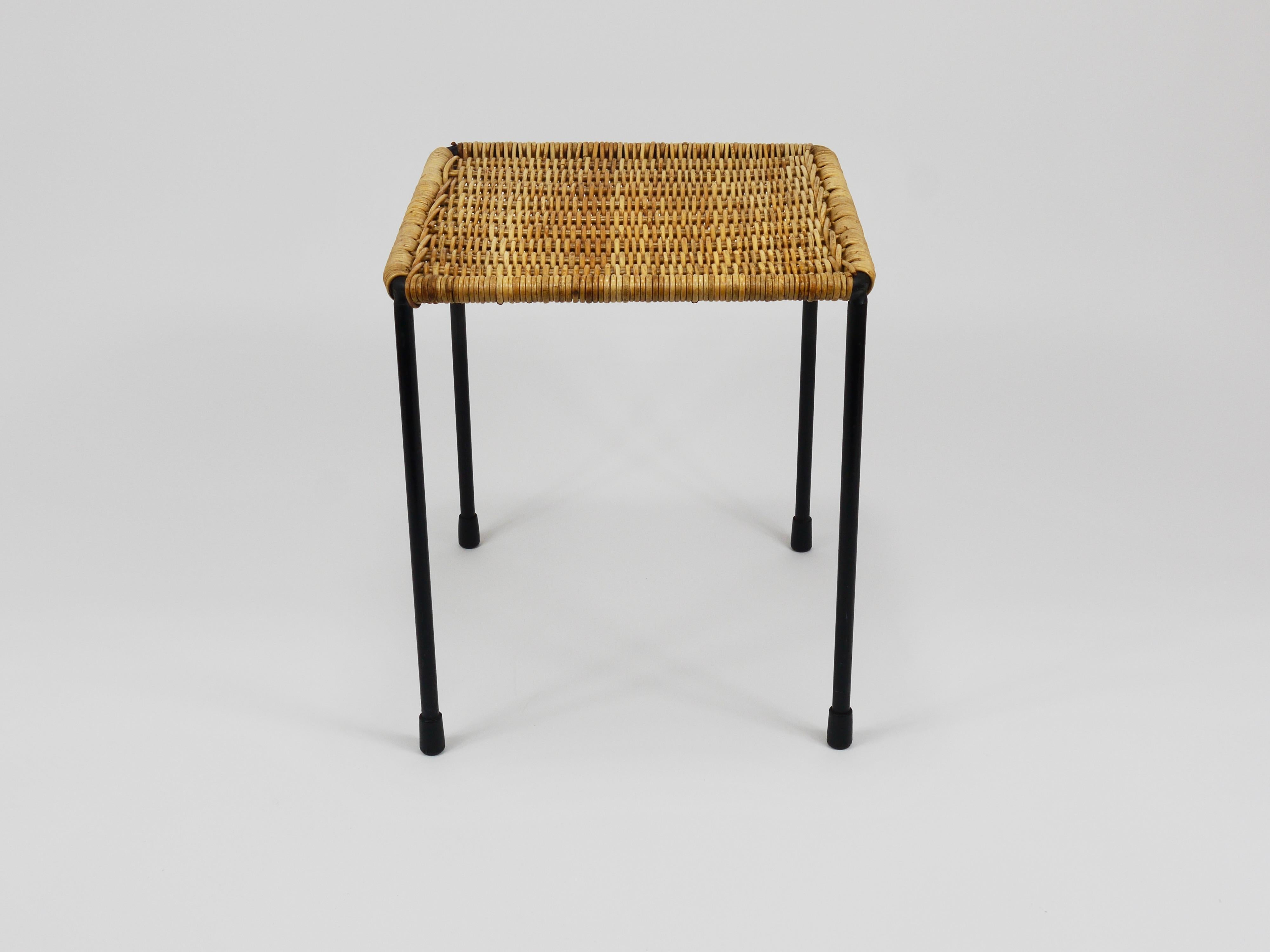 Metal Carl Aubock Side Table, Stool, Flower  Stand, Rattan, Wicker, Austria, 1950s