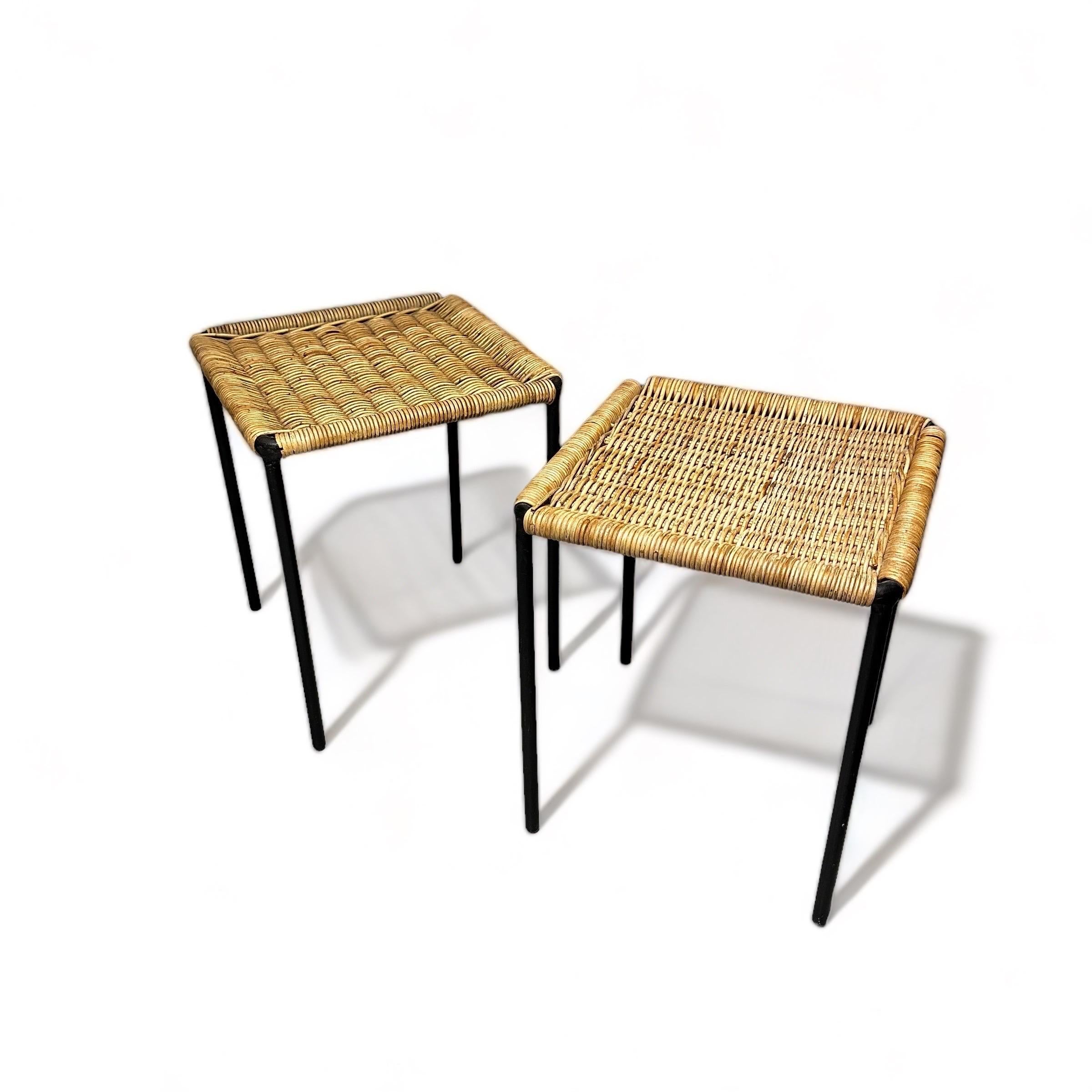 Carl Auböck Side Tables with Black Iron and Rattan, Set of Two, Austria 1950s.