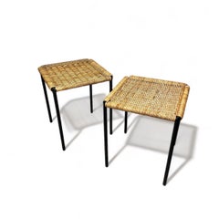 Carl Auböck Side Tables with Black Iron and Rattan, Set of Two, Austria 1950s