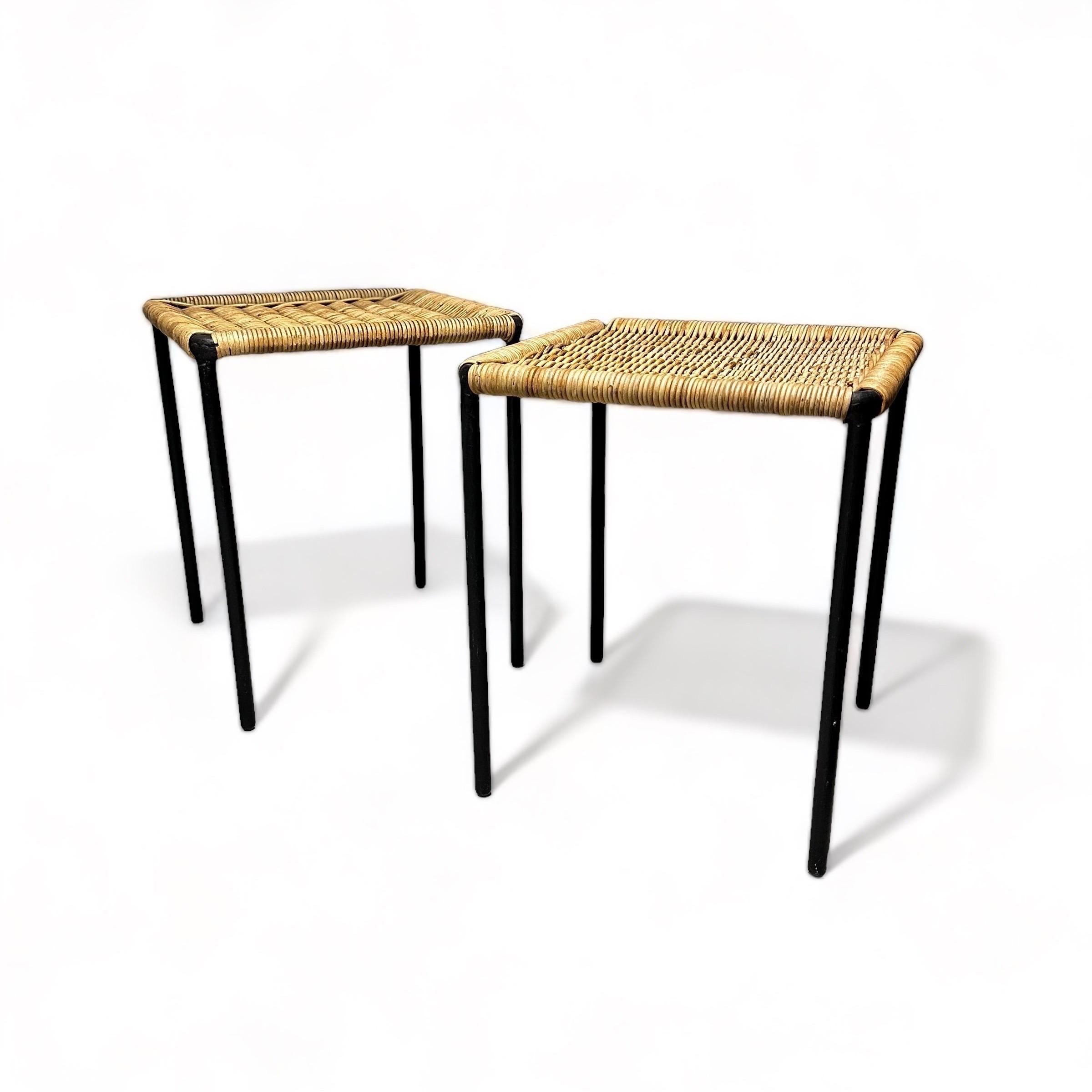 Mid-Century Modern Carl Auböck Side Tables with Black Iron and Rattan, Set of Two, Austria 1950s For Sale