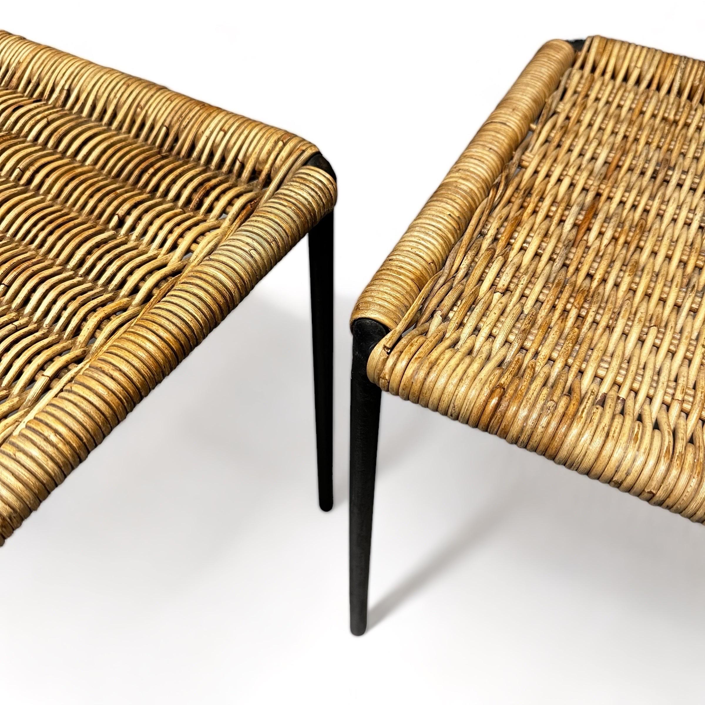 Austrian Carl Auböck Side Tables with Black Iron and Rattan, Set of Two, Austria 1950s For Sale