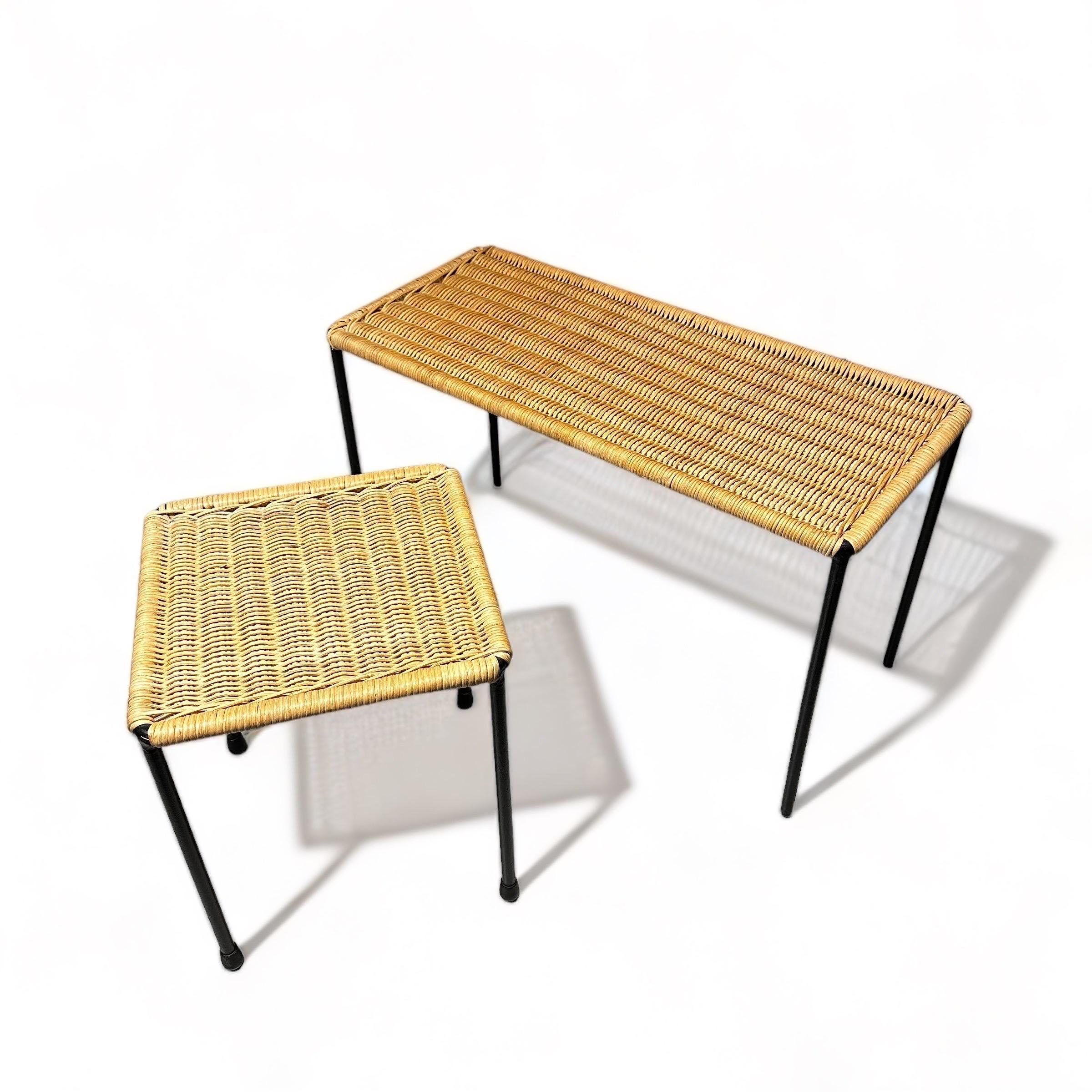 Mid-20th Century Carl Auböck Side Tables with Black Iron and Rattan, Set of Two, Austria 1950s For Sale
