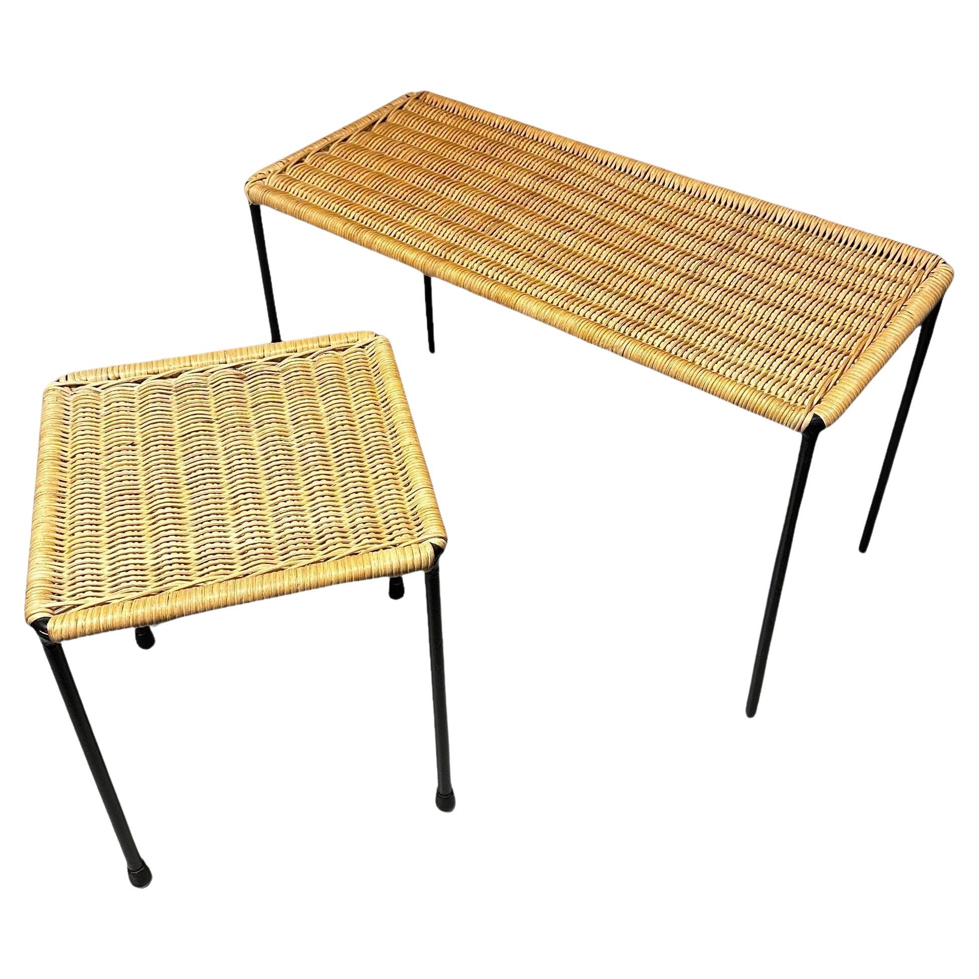 Carl Auböck Side Tables with Black Iron and Rattan, Set of Two, Austria 1950s For Sale