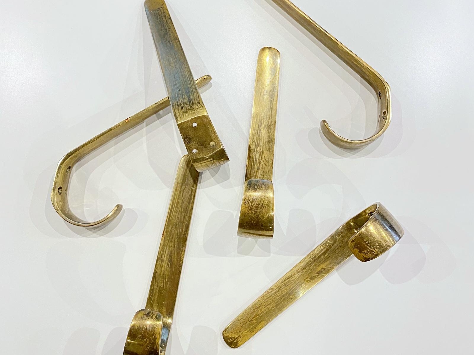 Hand-Crafted Carl Auböck Six Midcentury Patinated Brass Wall Coat Hooks, 1950s, Austria For Sale