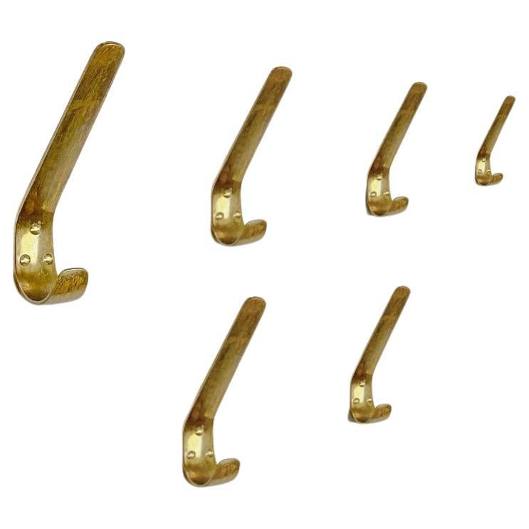 Carl Auböck Six Midcentury Patinated Brass Wall Coat Hooks, 1950s, Austria For Sale