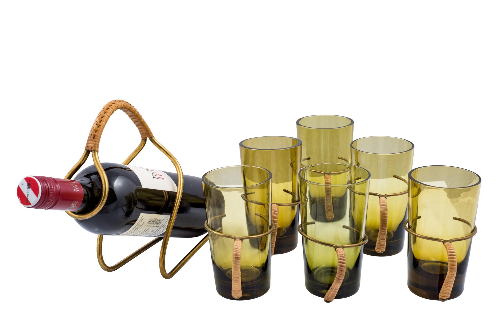 Austrian Carl Auböck Six Tumblers with Cocktail Stirrer and a Bottle Holder, Midcentury For Sale
