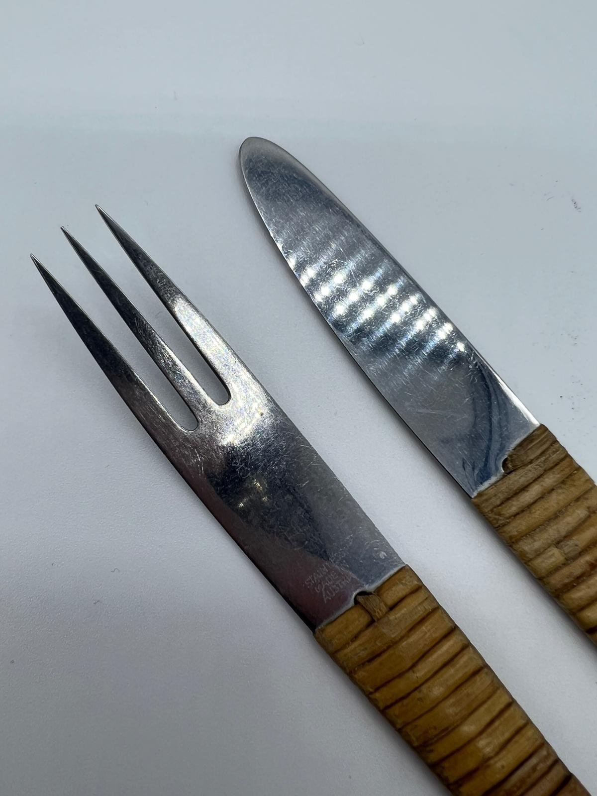 Carl Auböck, stainless steel and rattan knife and fork, set of 2, 1950s, Vienna Austria.