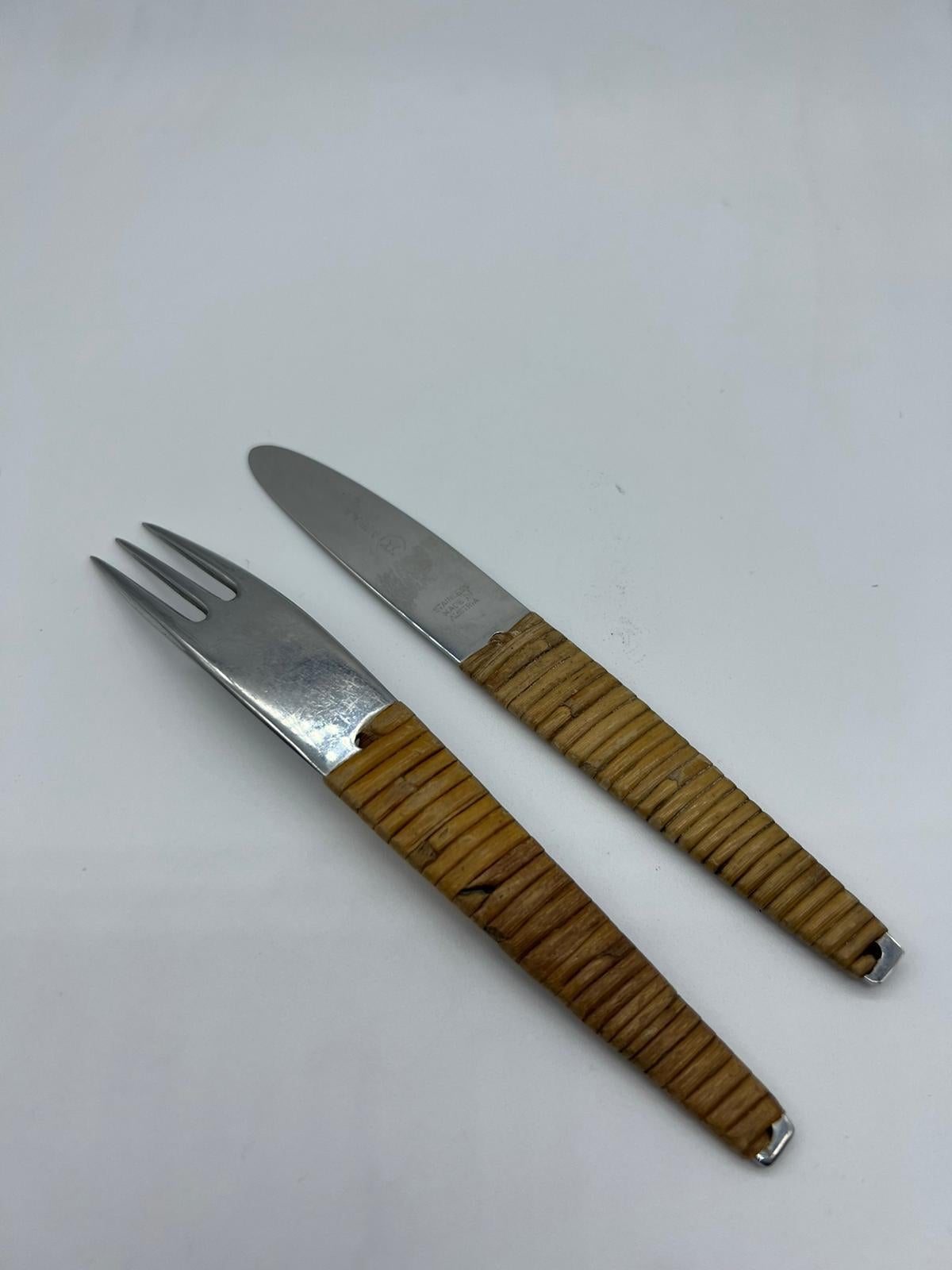 Carl Auböck, Stainless Steel and Rattan Knife and Fork, 1950s In Good Condition For Sale In Vienna, AT