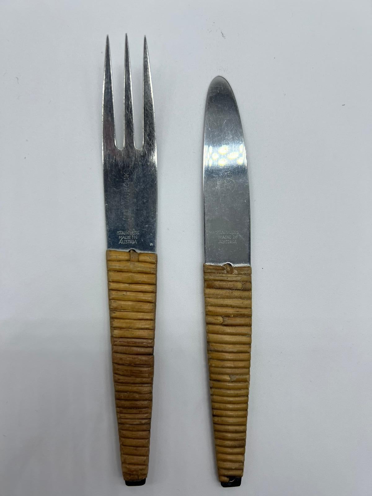 Mid-20th Century Carl Auböck, Stainless Steel and Rattan Knife and Fork, 1950s For Sale