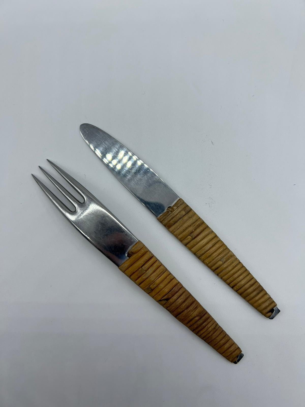 Carl Auböck, Stainless Steel and Rattan Knife and Fork, 1950s For Sale 1