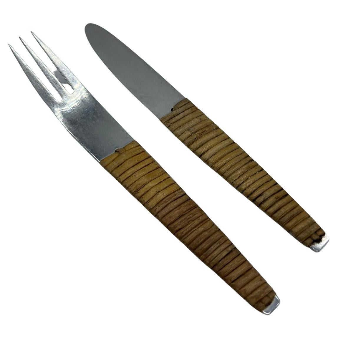 Carl Auböck, Stainless Steel and Rattan Knife and Fork, 1950s For Sale