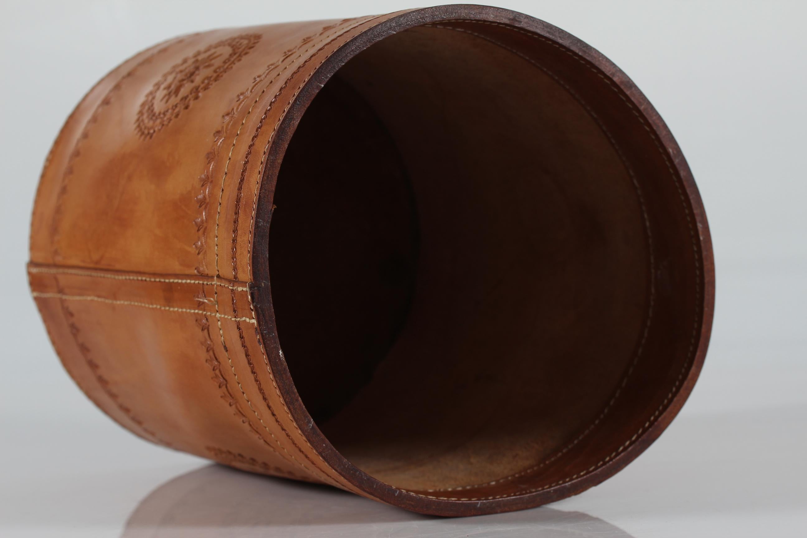 Danish Wastepaper Basket of Genuine Cognac Core Leather, 1970s For Sale