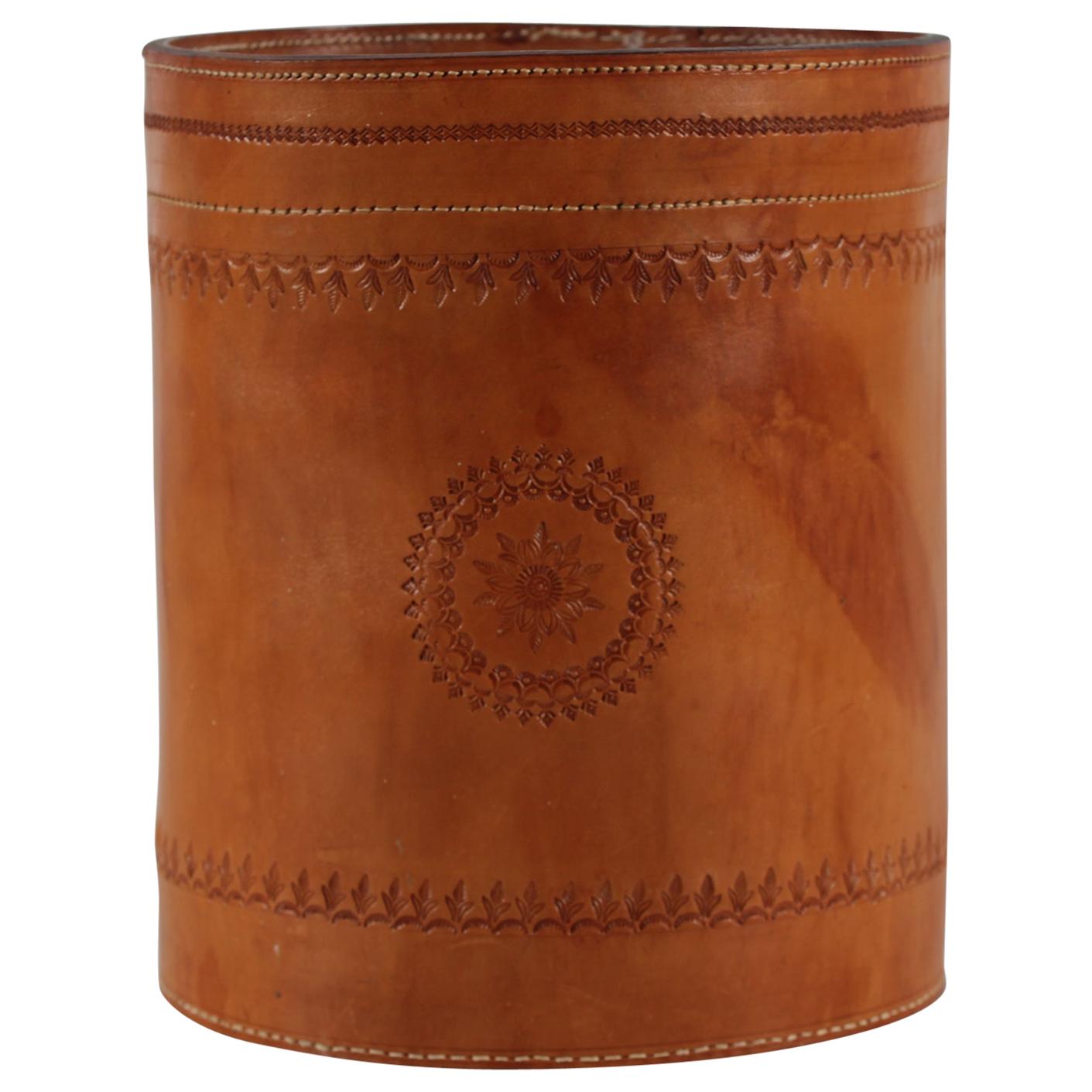 Wastepaper Basket of Genuine Cognac Core Leather, 1970s For Sale