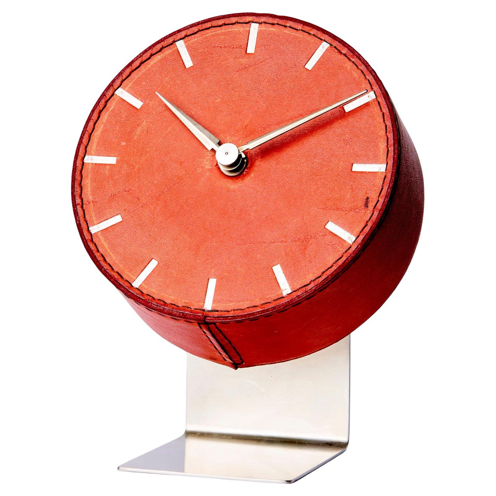 Reloj de sobremesa Carl Auböck de cuero rojo, Austria Años 50