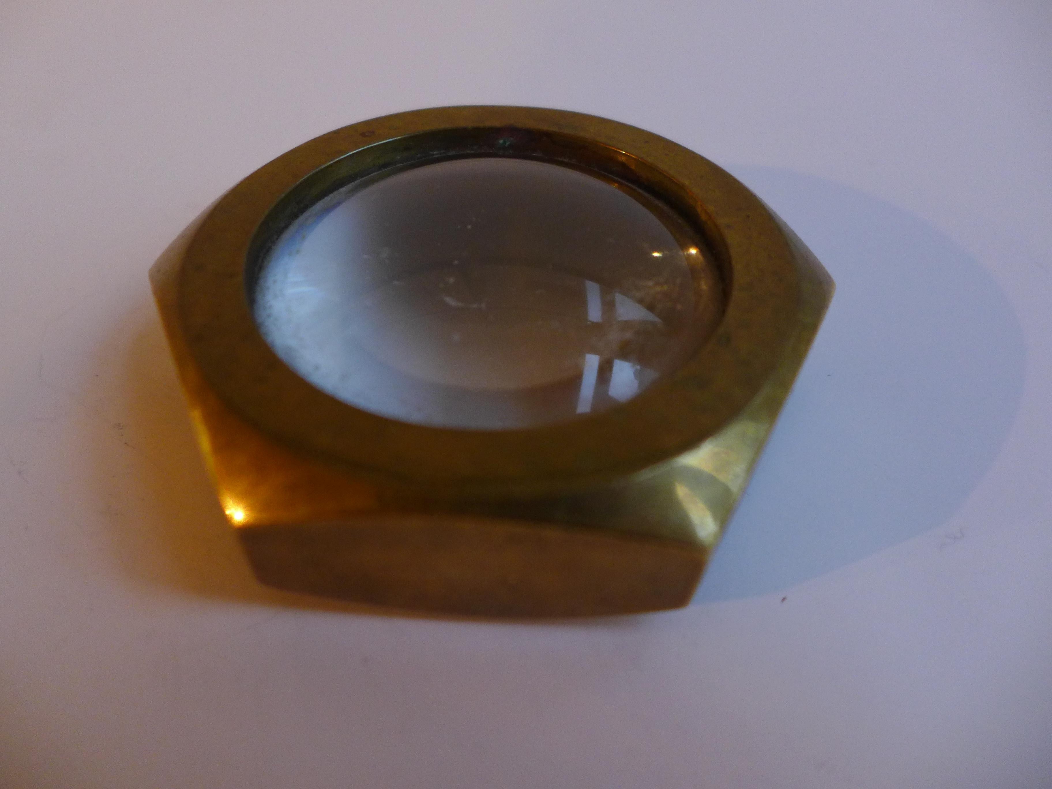 Carl Aubock table magnifier, mid-20th century. Crafted from solid brass with high-quality optical glass, this elegant piece exemplifies Aubock’s meticulous craftsmanship and functional design. Documented in the catalogue ‘Carl Aubock 1948–2005’ (see